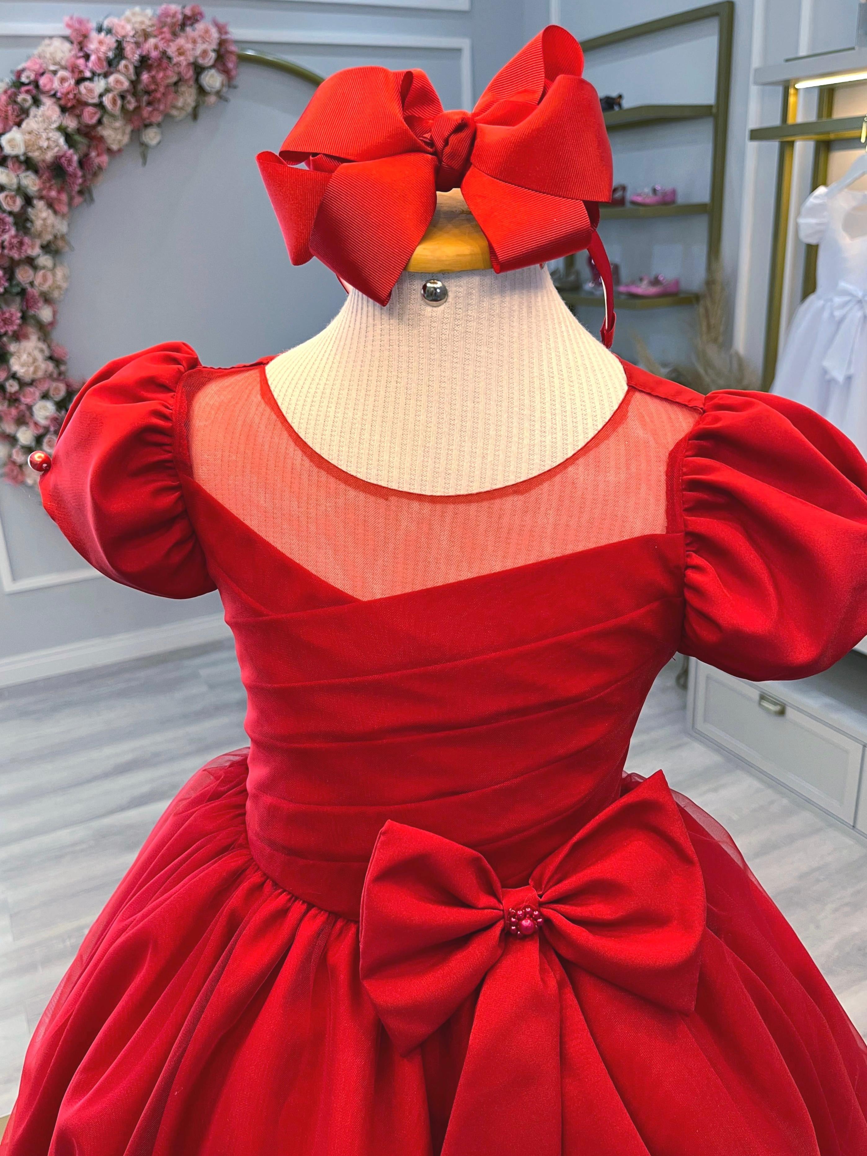 Vestido Infantil Vermelho Com Broche de Laço Daminhas