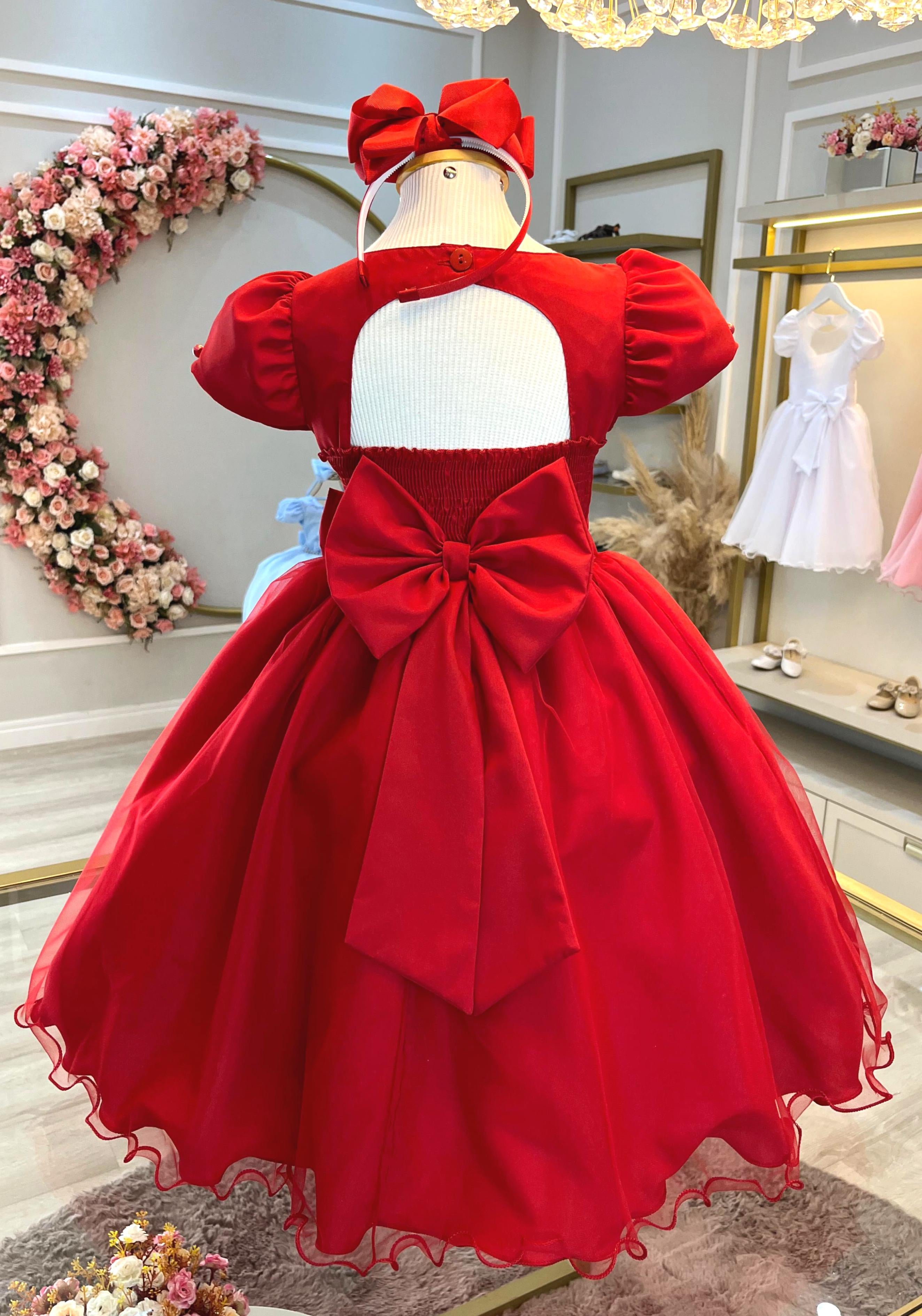 Vestido Infantil Vermelho Com Broche de Laço Daminhas