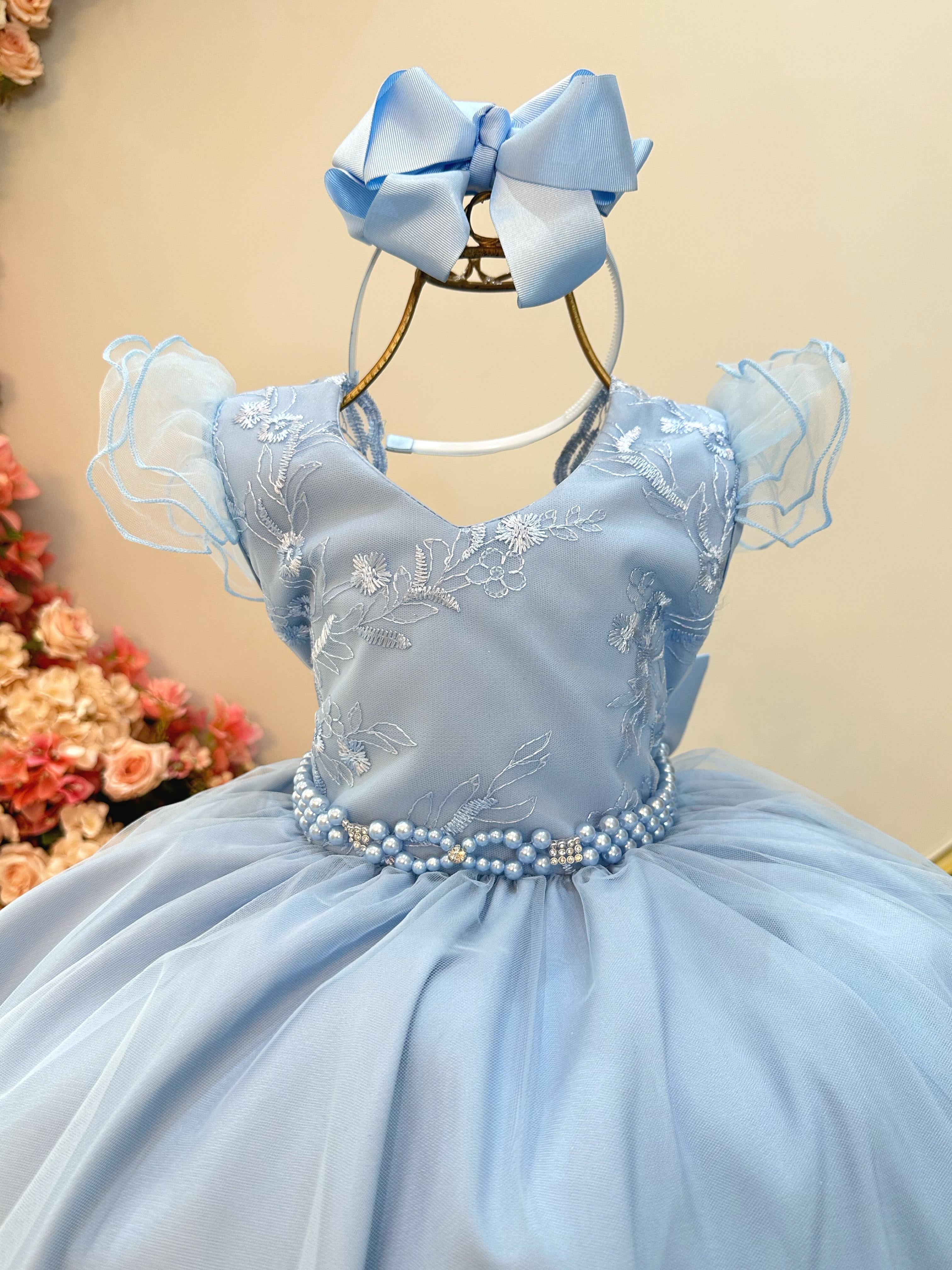 Vestido Infantil Azul Claro C/ Renda e Pérolas Strass Damas