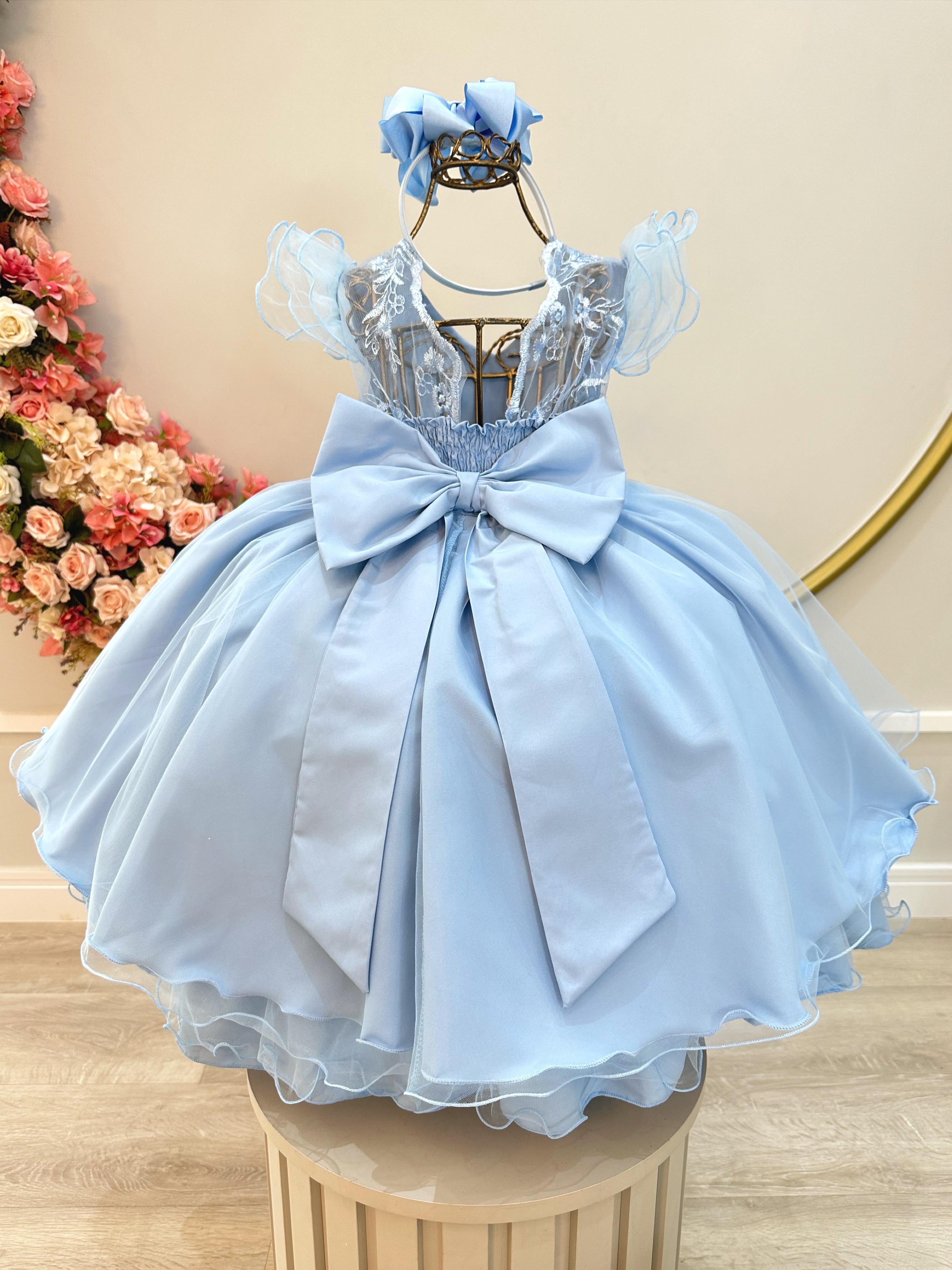 Vestido Infantil Azul Claro C/ Renda e Pérolas Strass Damas