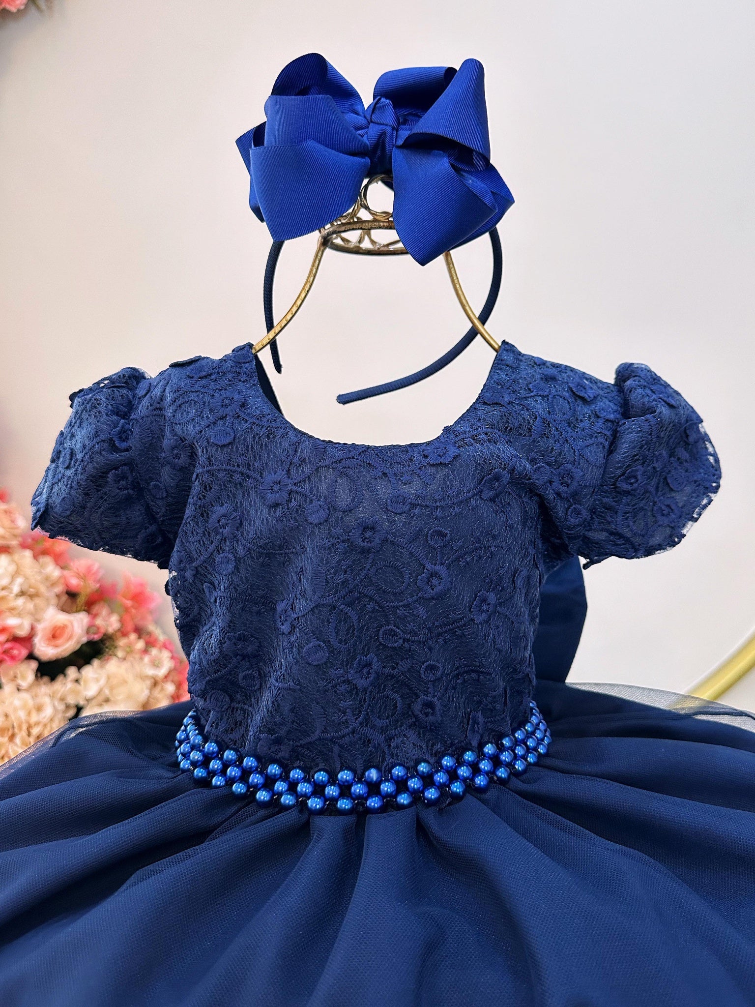 Vestido Infantil Azul Marinho Busto C/ Renda Festa Casamento