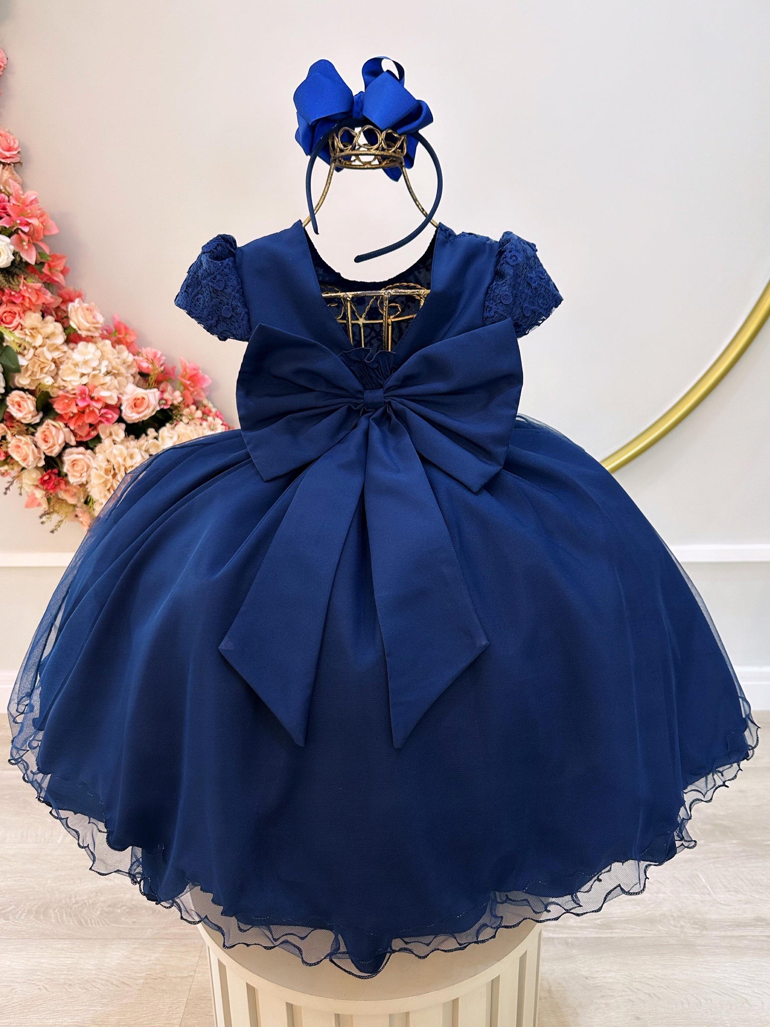 Vestido Infantil Azul Marinho Busto C/ Renda Festa Casamento