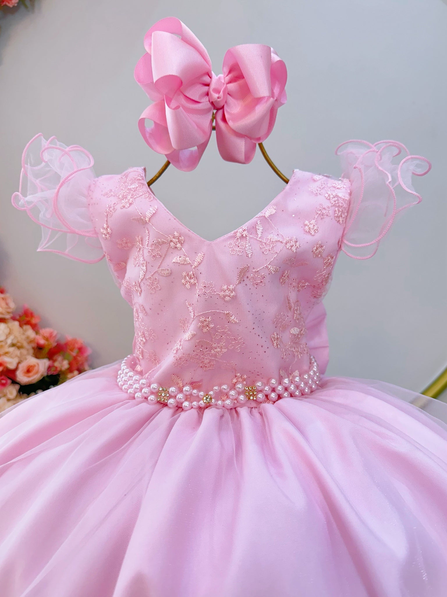 Vestido Infantil Rosa Claro C/ Renda Luxo Festas Daminhas