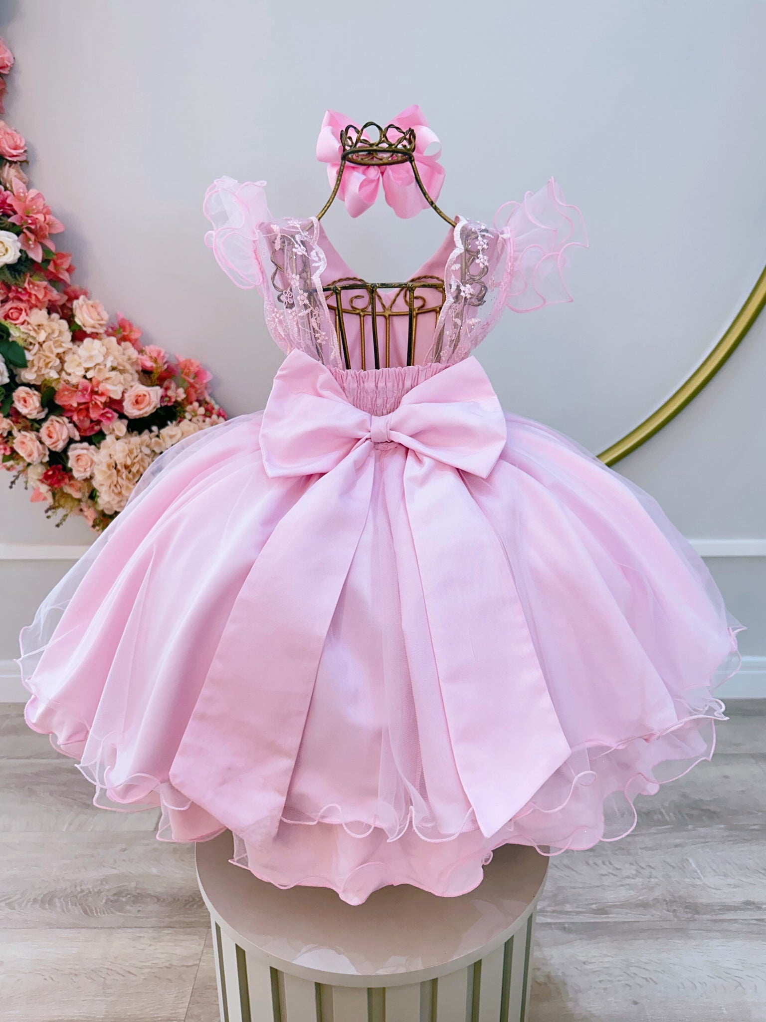 Vestido Infantil Rosa Claro C/ Renda Luxo Festas Daminhas