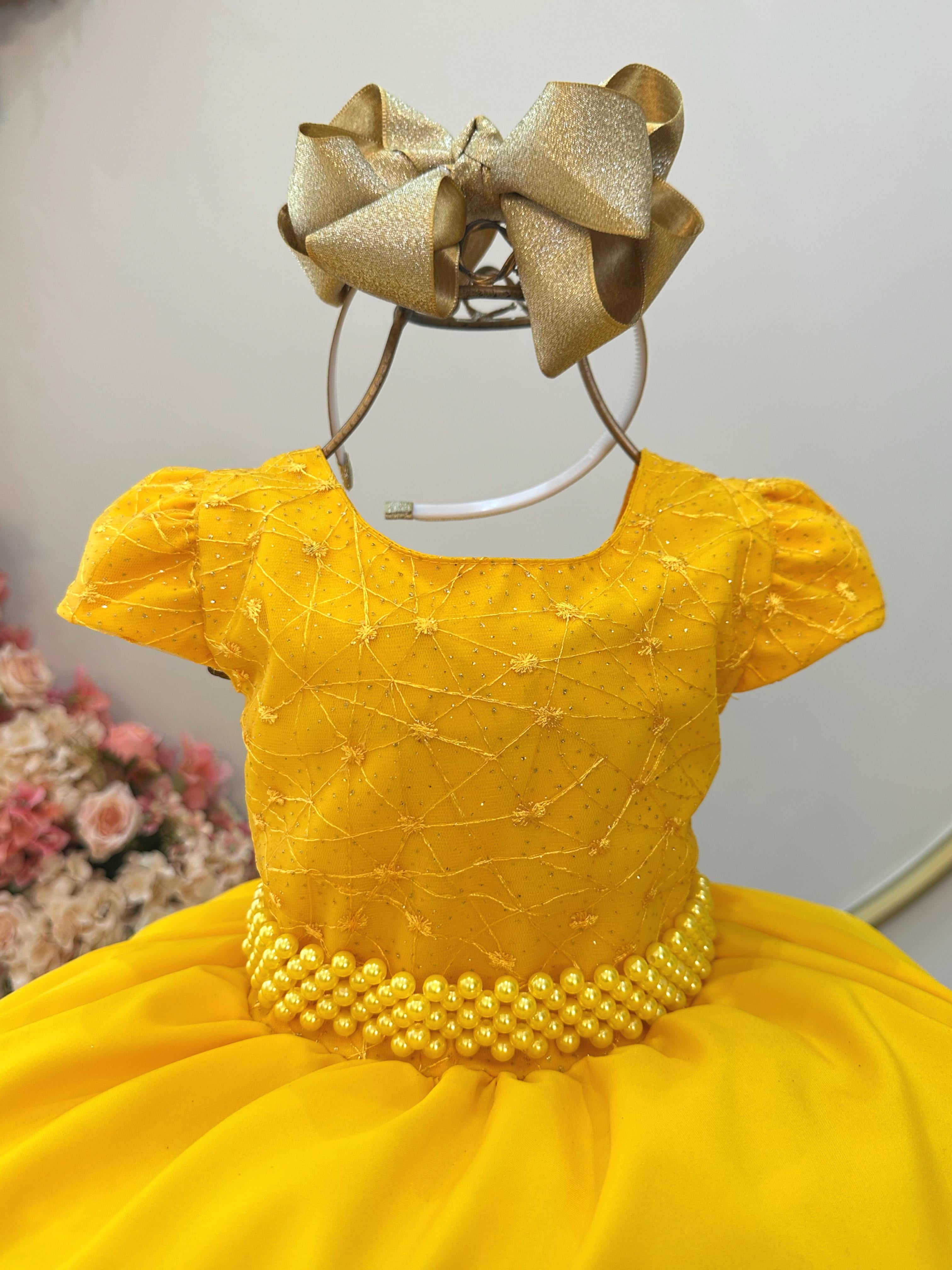 Vestido Infantil Amarelo Busto Com Renda Damas Festas