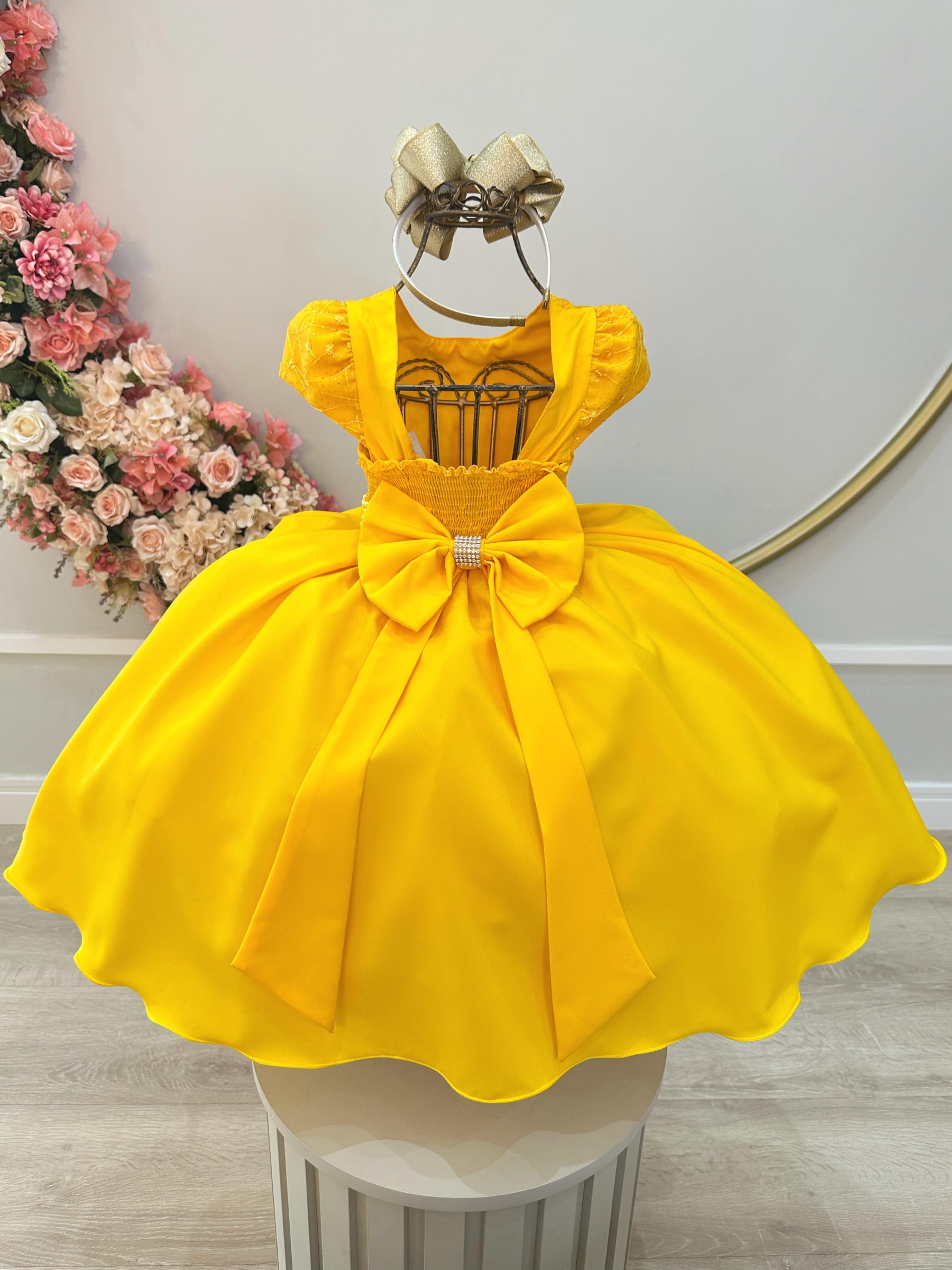 Vestido Infantil Amarelo Busto Com Renda Damas Festas