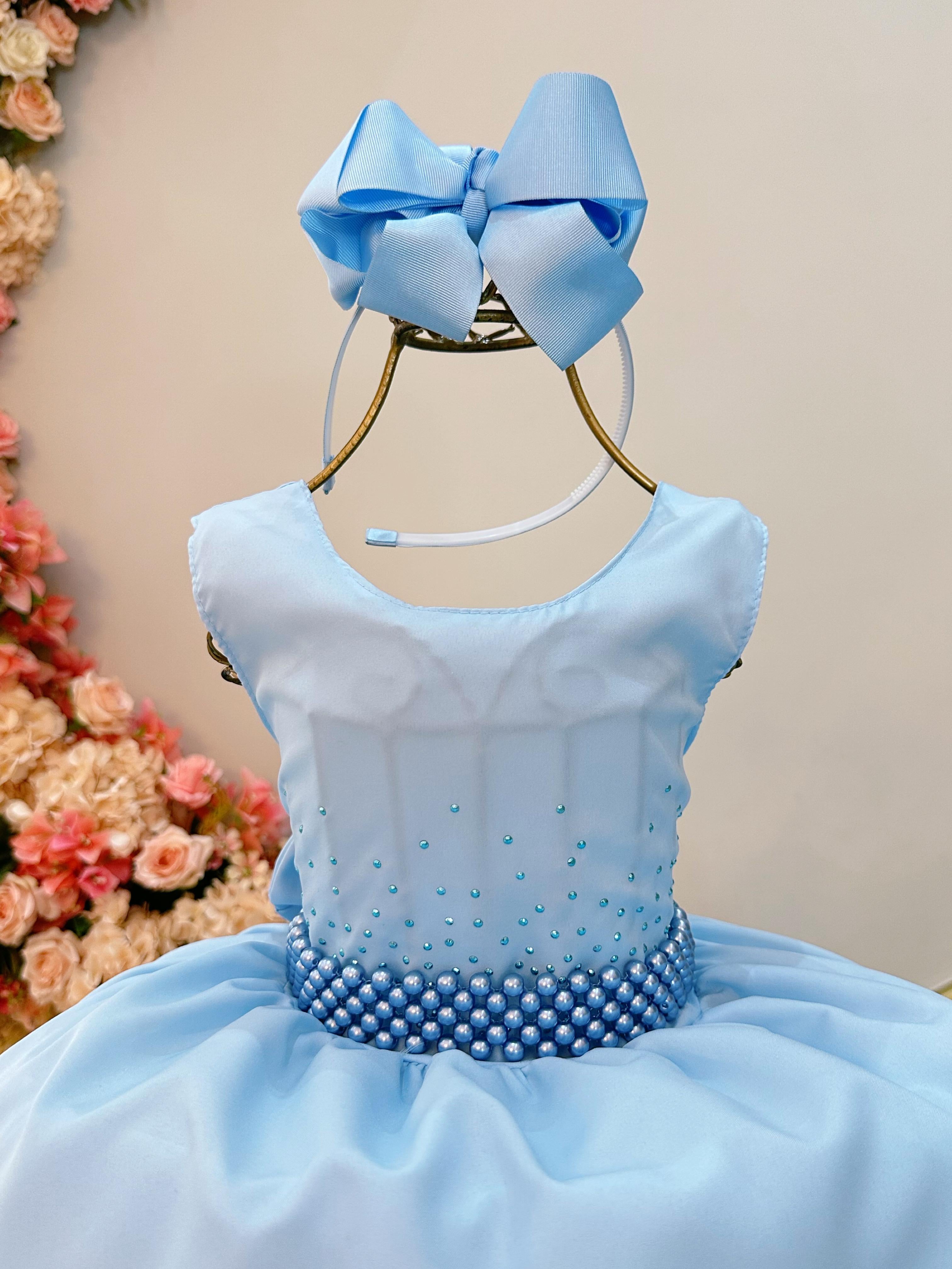 Vestido Infantil Azul Claro Busto Com Strass Daminhas