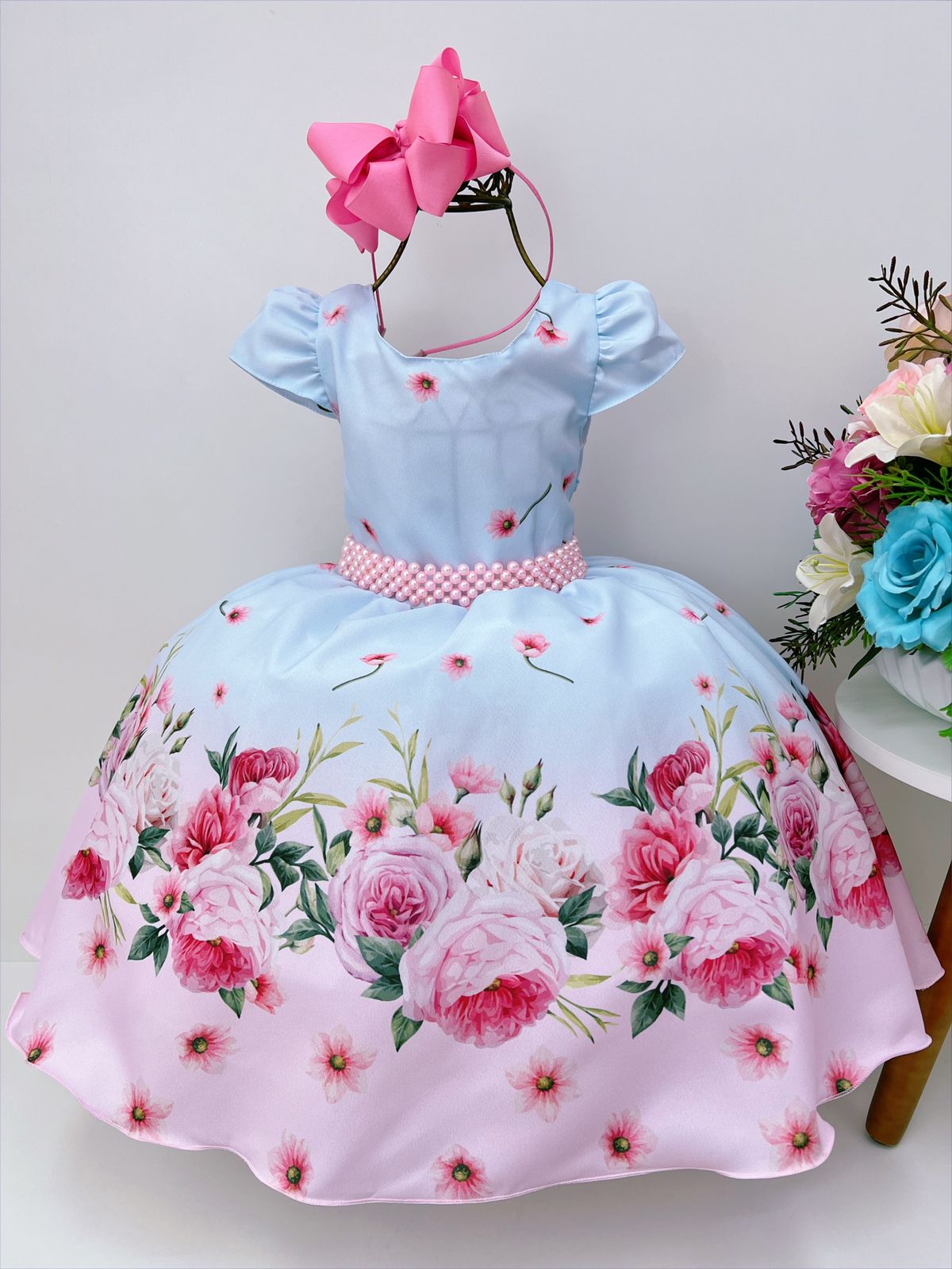 Vestido Infantil Azul Florido C/ Cinto de Pérolas