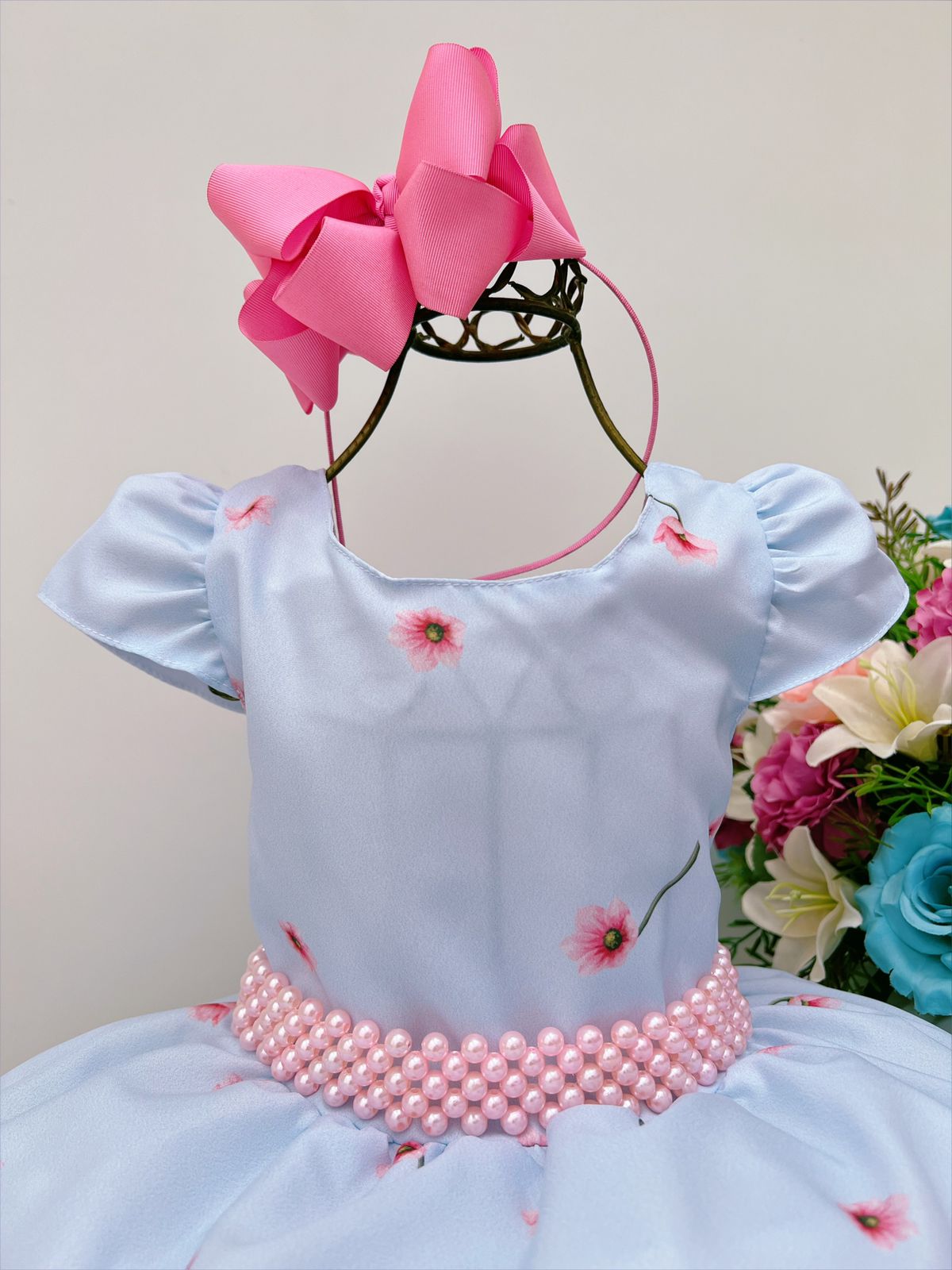 Vestido Infantil Azul Florido C/ Cinto de Pérolas