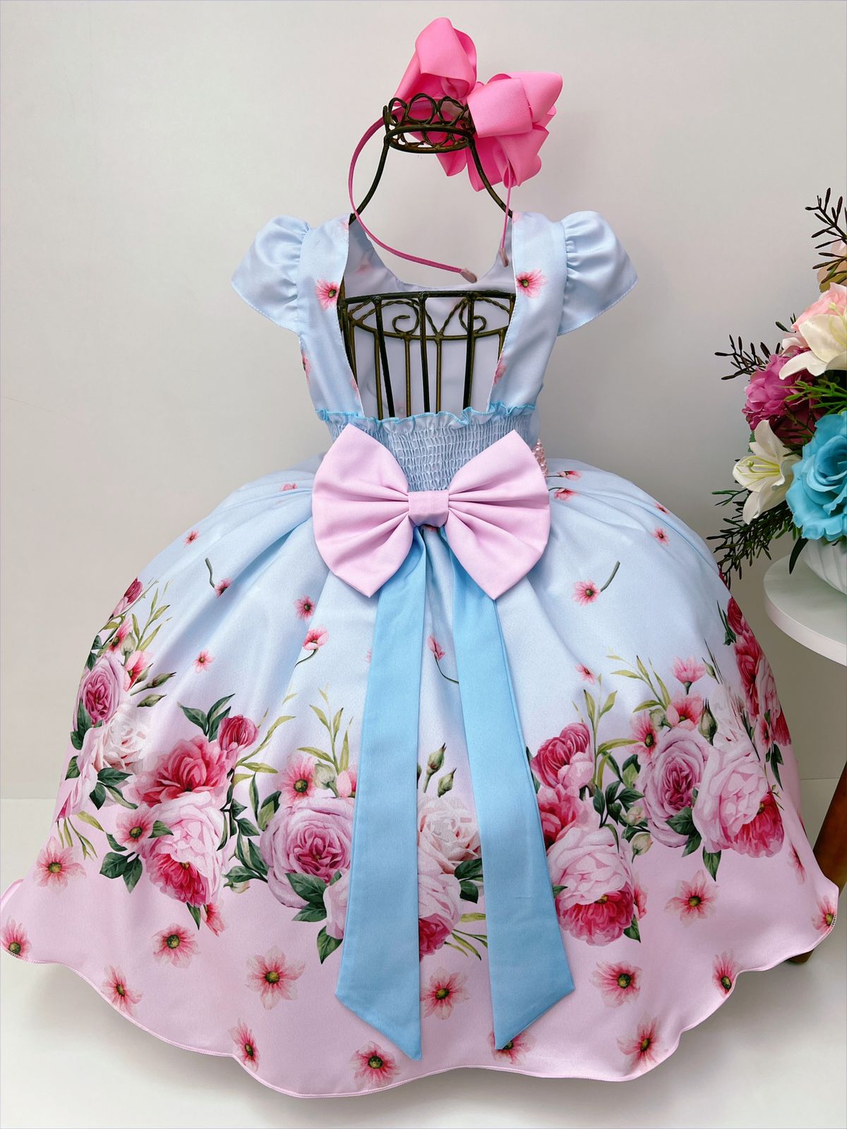 Vestido Infantil Azul Florido C/ Cinto de Pérolas