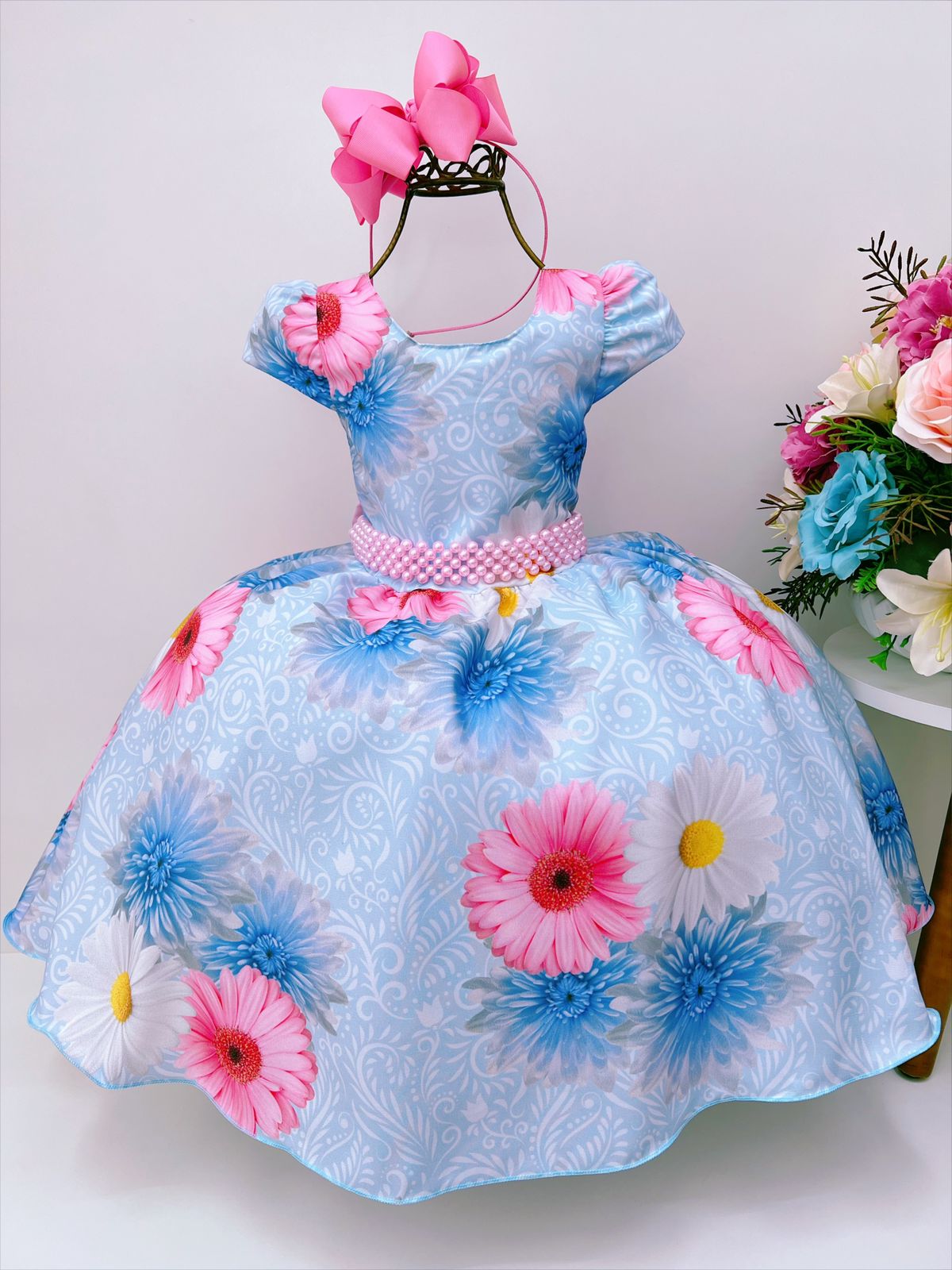 Vestido Infantil Azul Florido Com Cinto de Pérolas