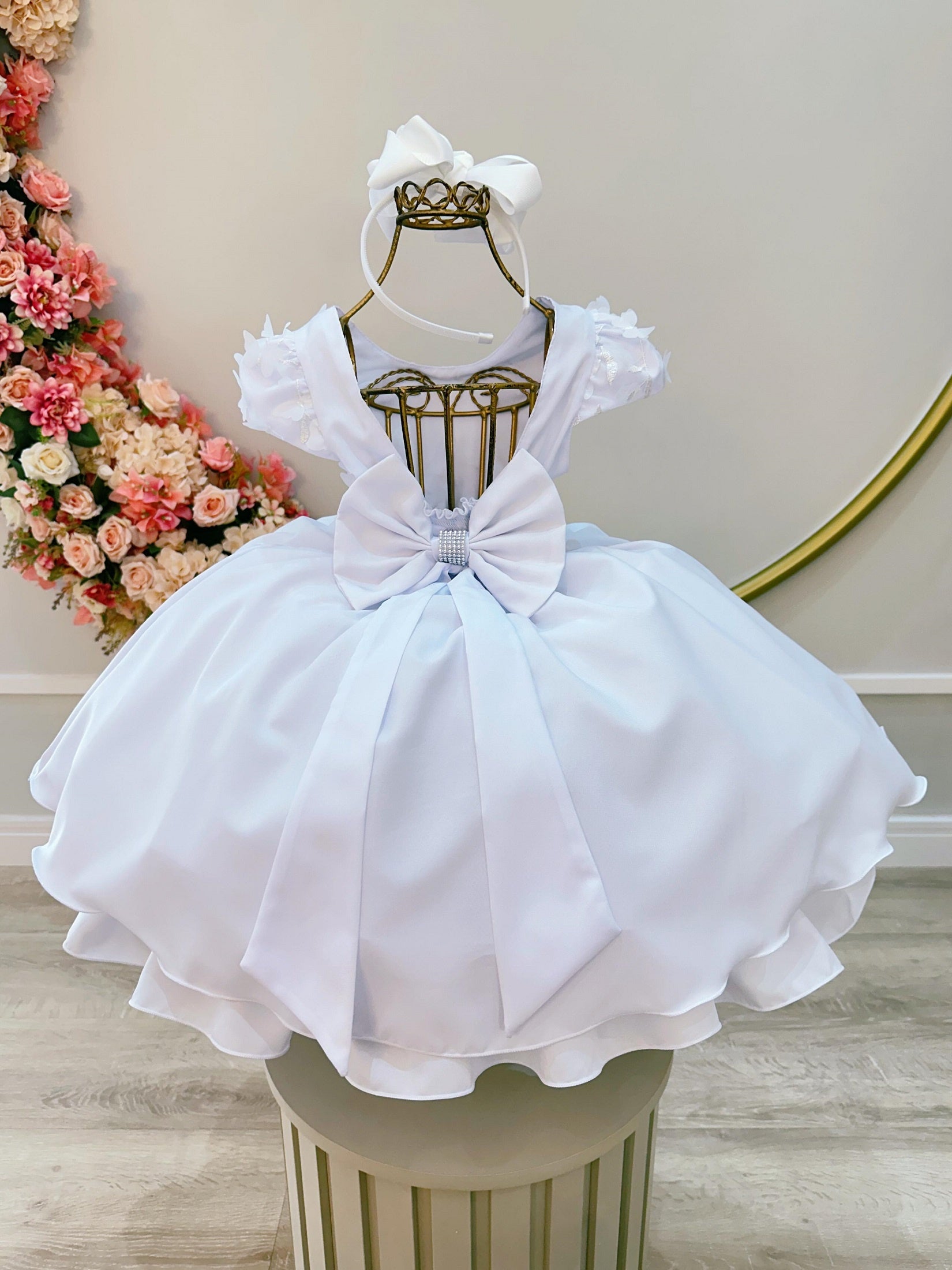 Vestido Infantil Branco Busto C/ Apliques de Flores Renda