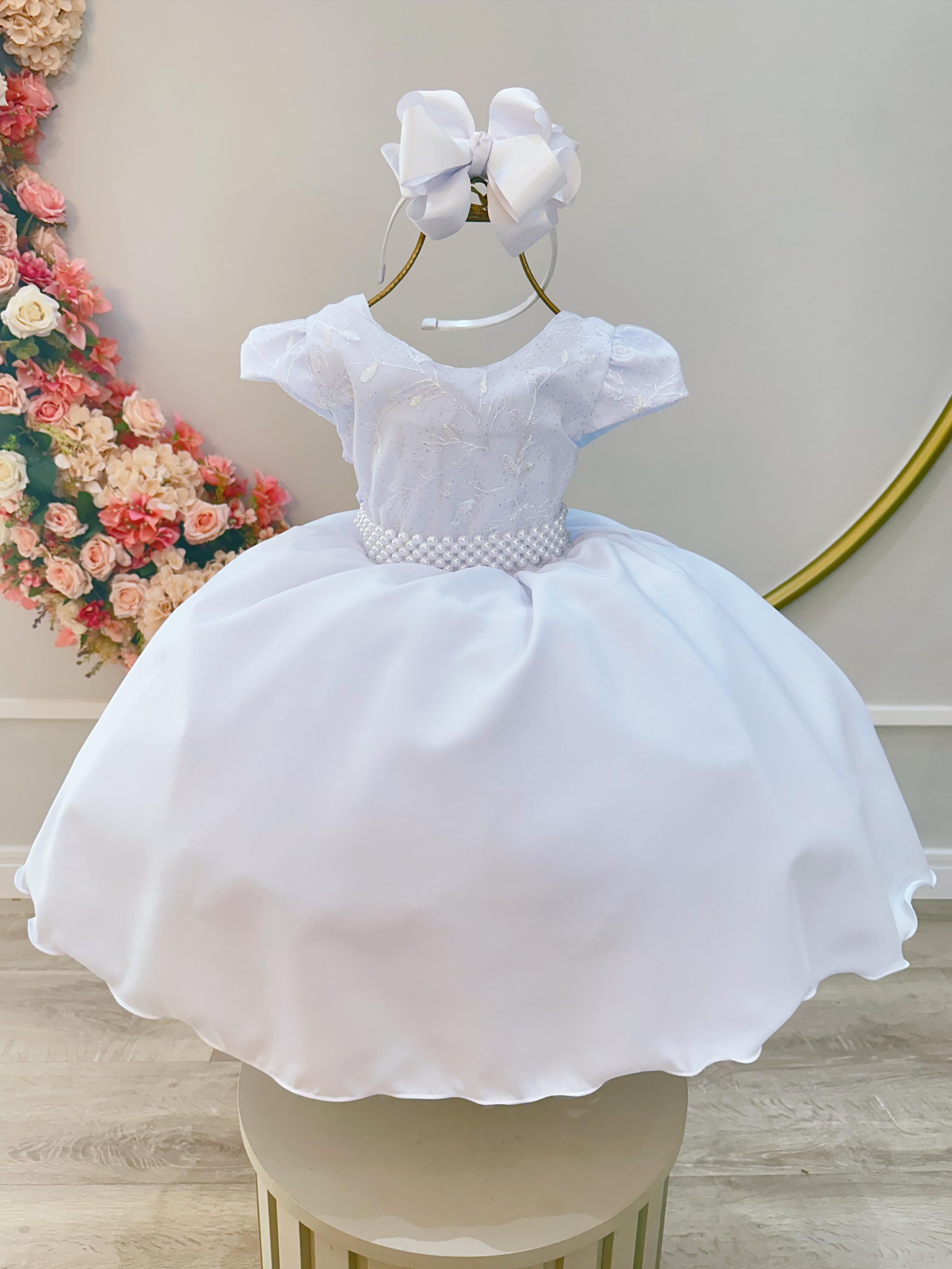 Vestido Infantil Branco Busto C/ Renda e Cinto Pérolas