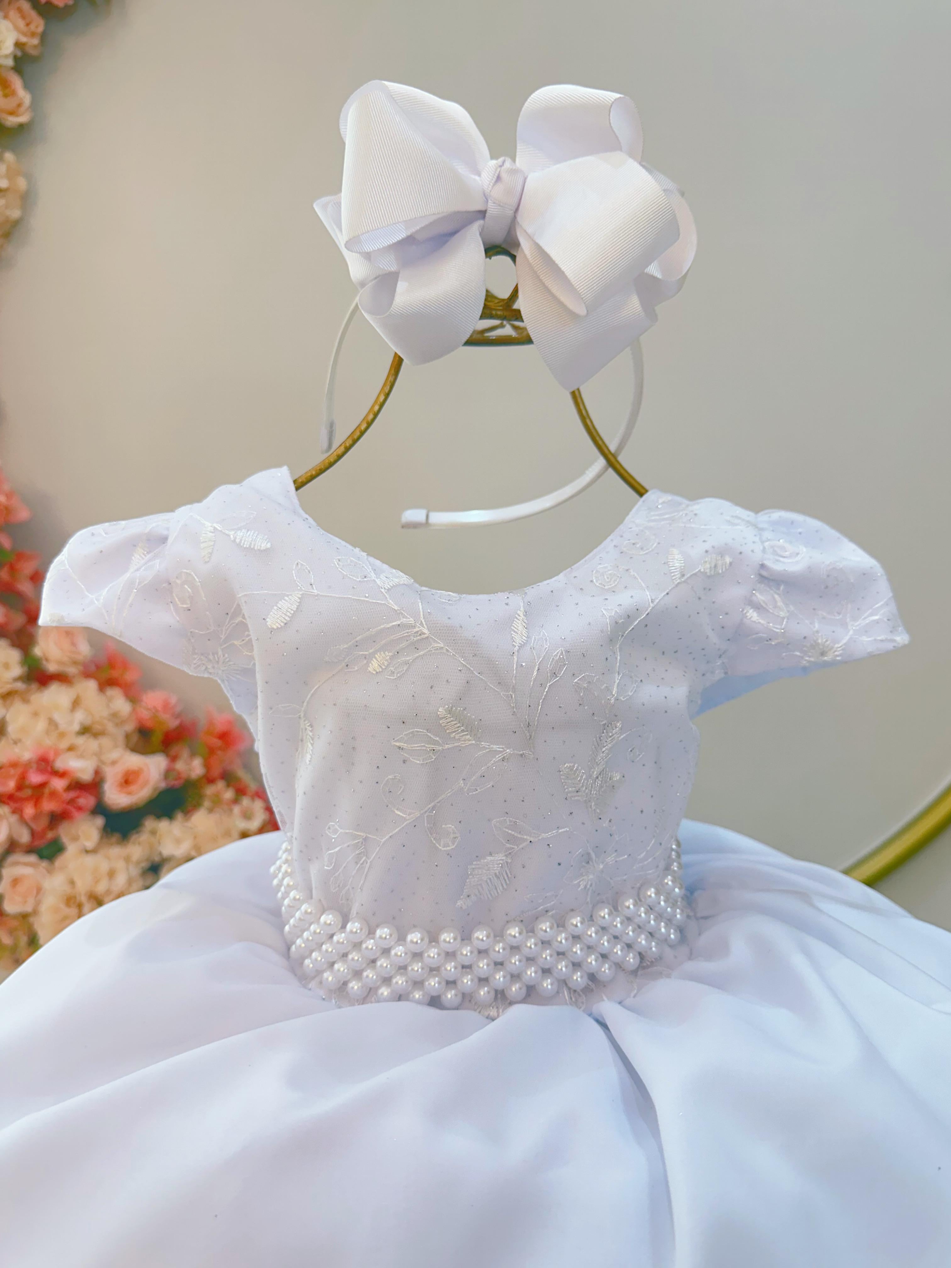 Vestido Infantil Branco Busto C/ Renda e Cinto Pérolas