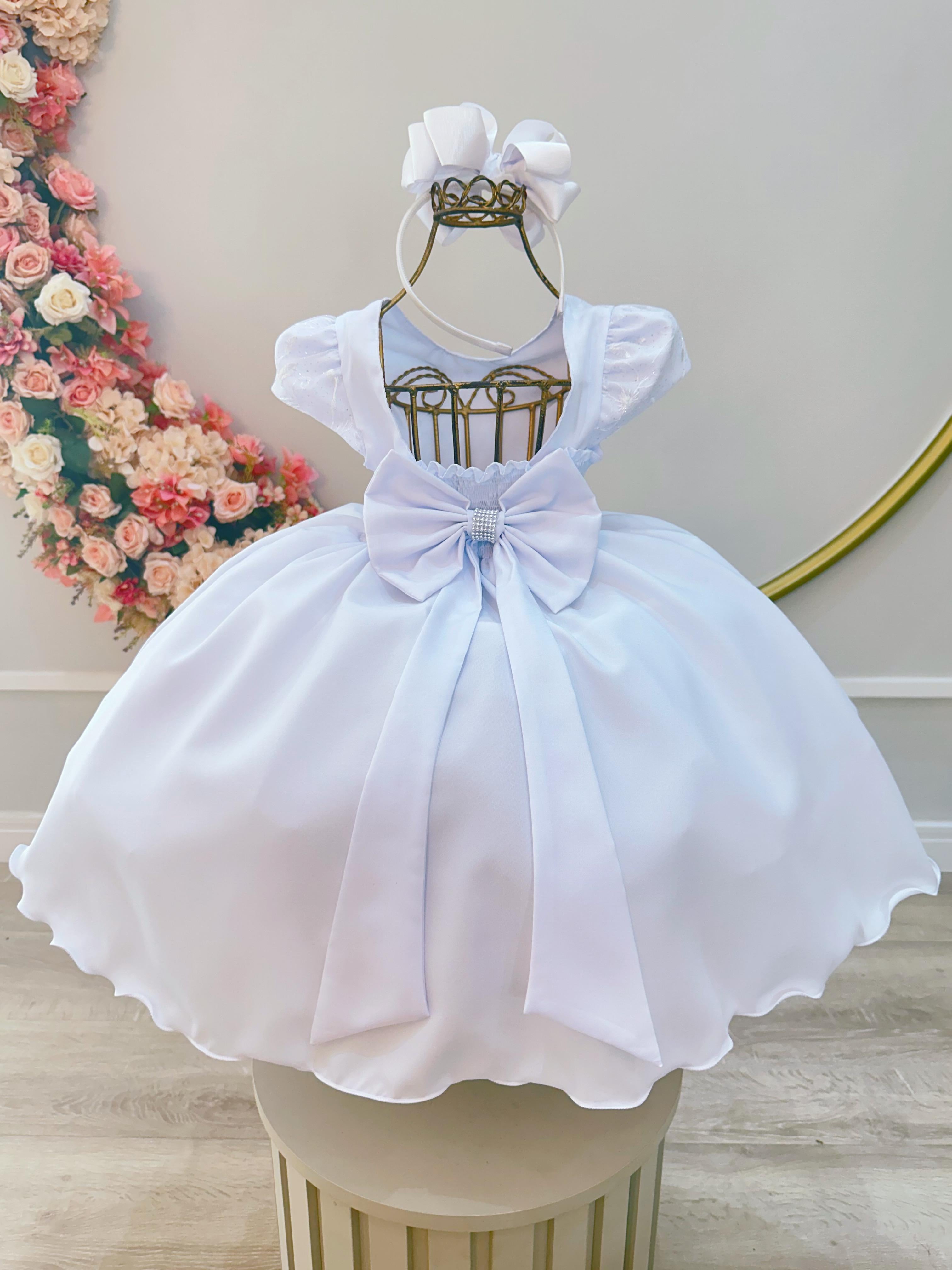 Vestido Infantil Branco Busto C/ Renda e Cinto Pérolas