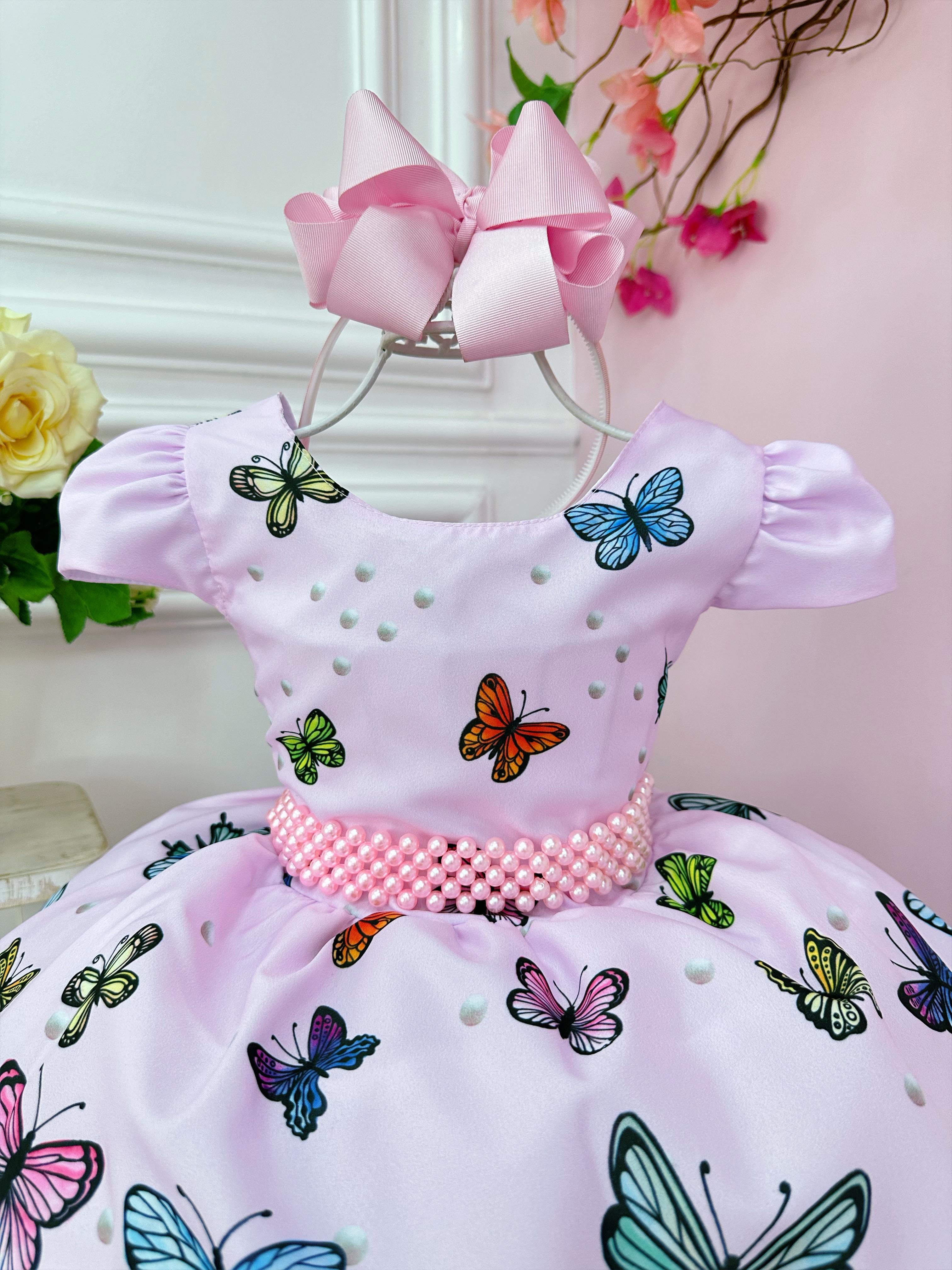 Vestido Infantil Jardim das Borboletas Rosa C/ Cinto Pérolas