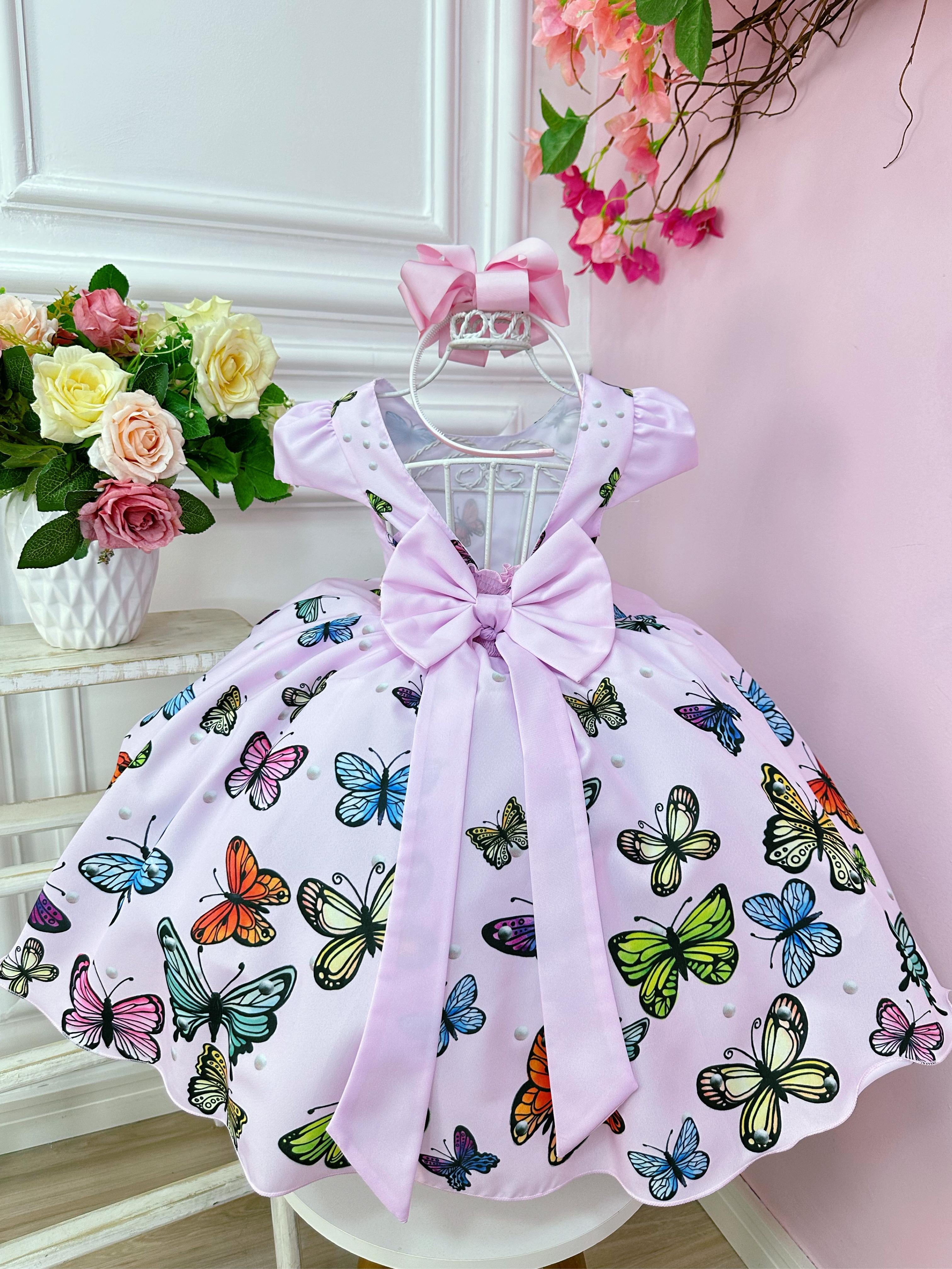 Vestido Infantil Jardim das Borboletas Rosa C/ Cinto Pérolas