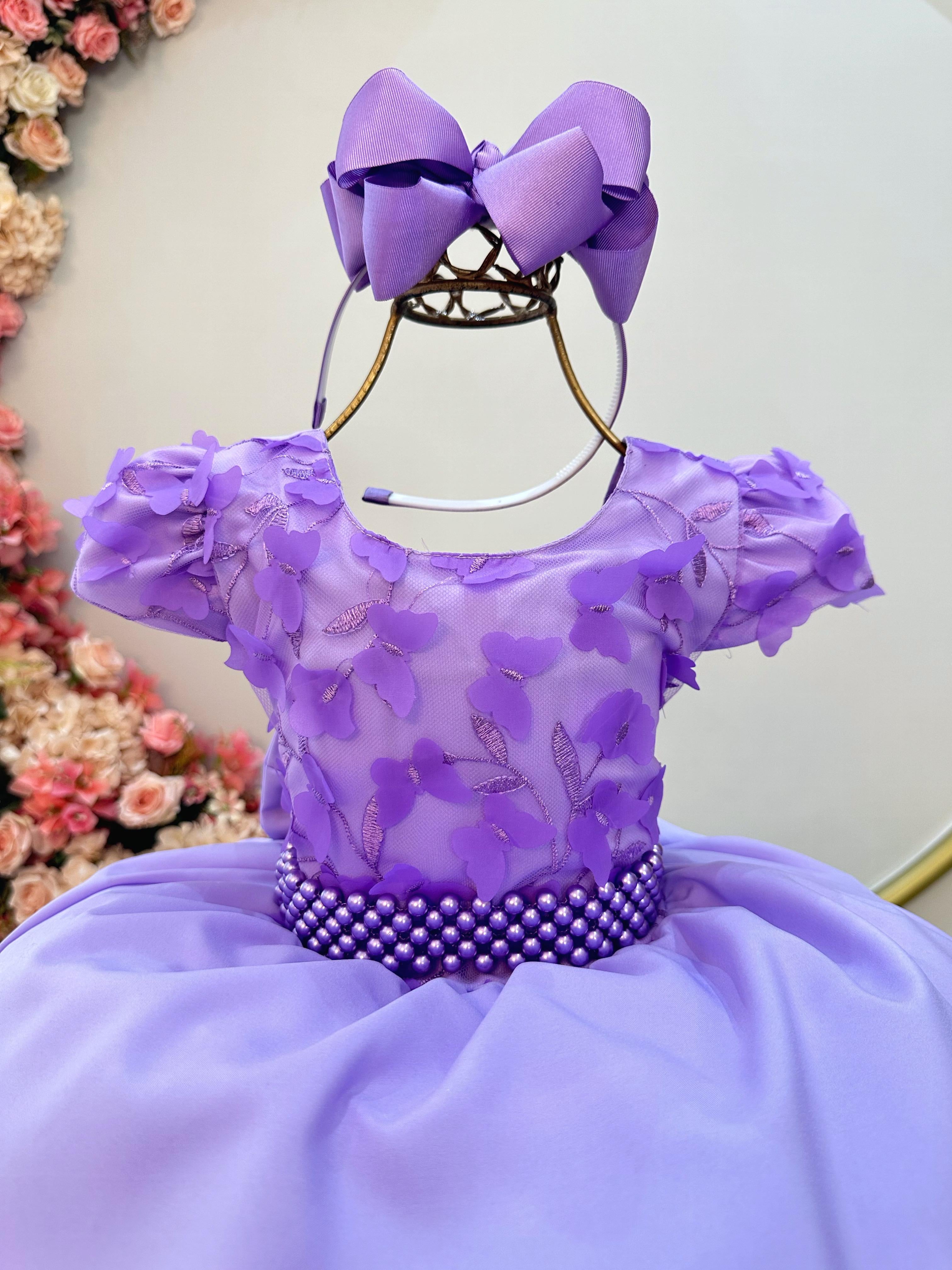 Vestido Infantil Lilás Busto C/ Apliques de Flores Renda
