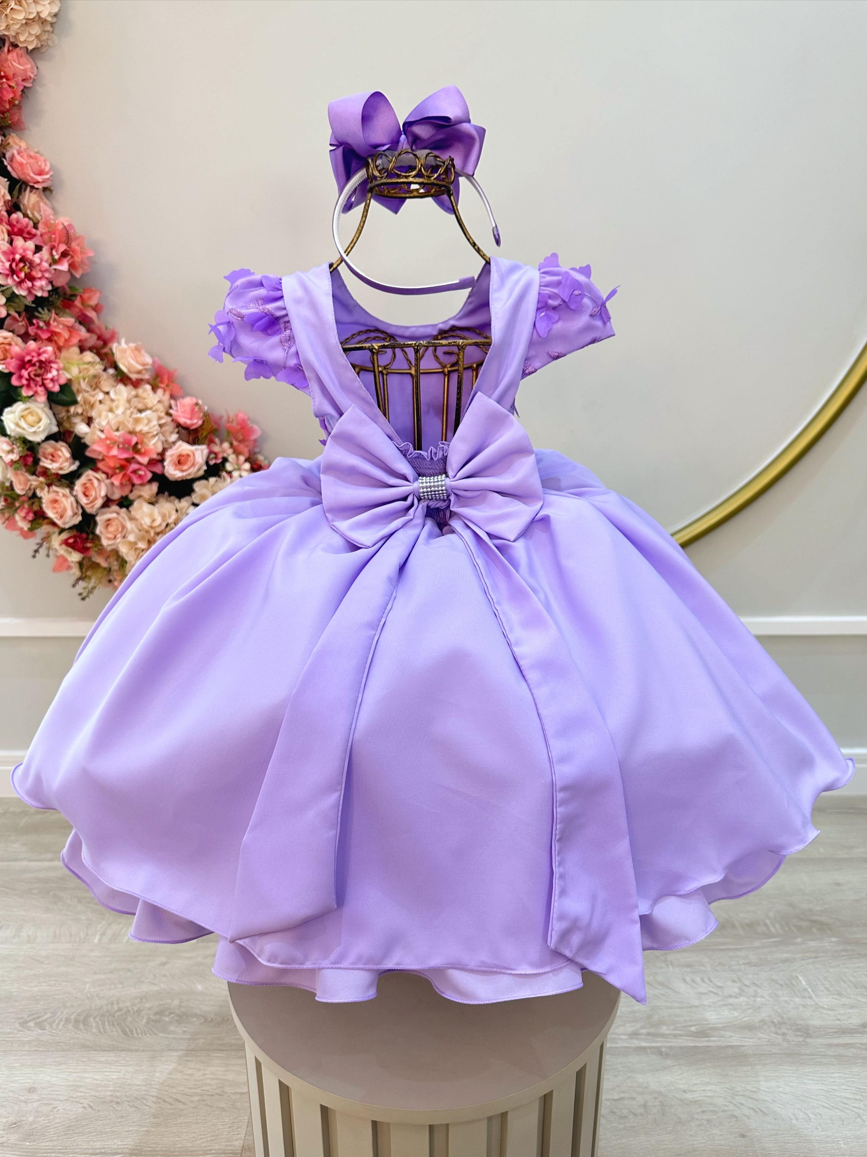 Vestido Infantil Lilás Busto C/ Apliques de Flores Renda