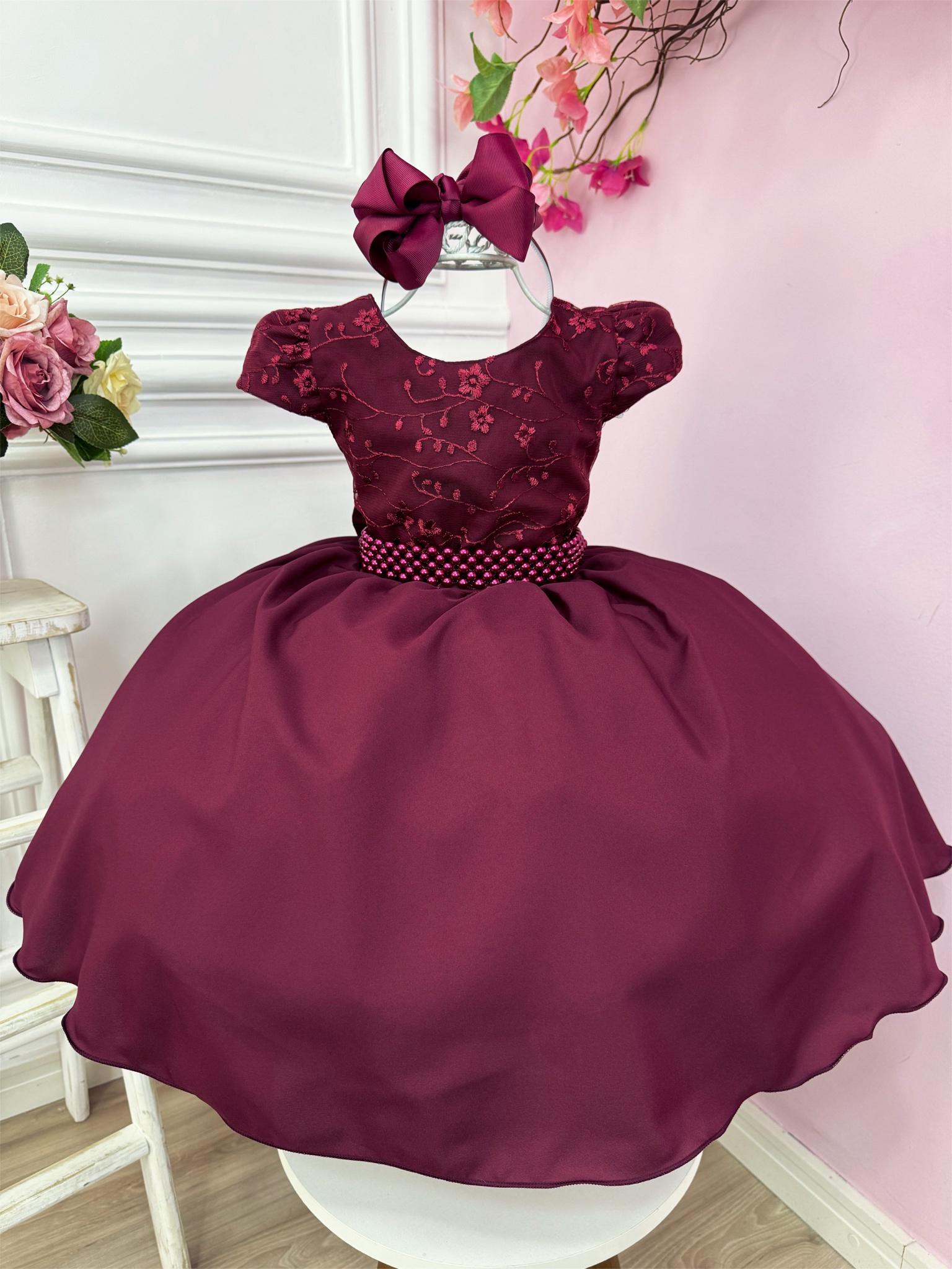 Vestido Infantil Marsala Busto C/ Renda e Cinto de Pérolas