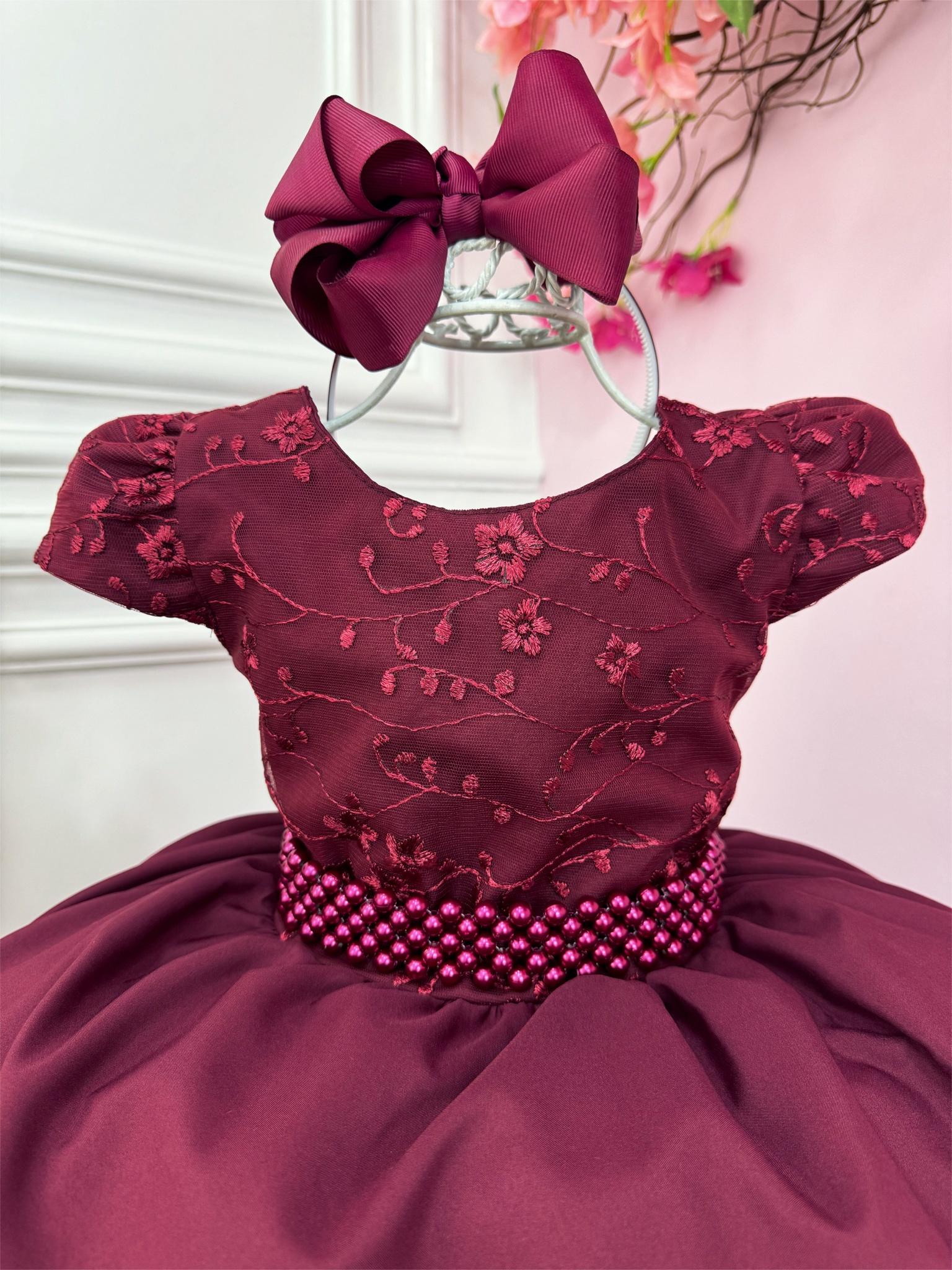 Vestido Infantil Marsala Busto C/ Renda e Cinto de Pérolas