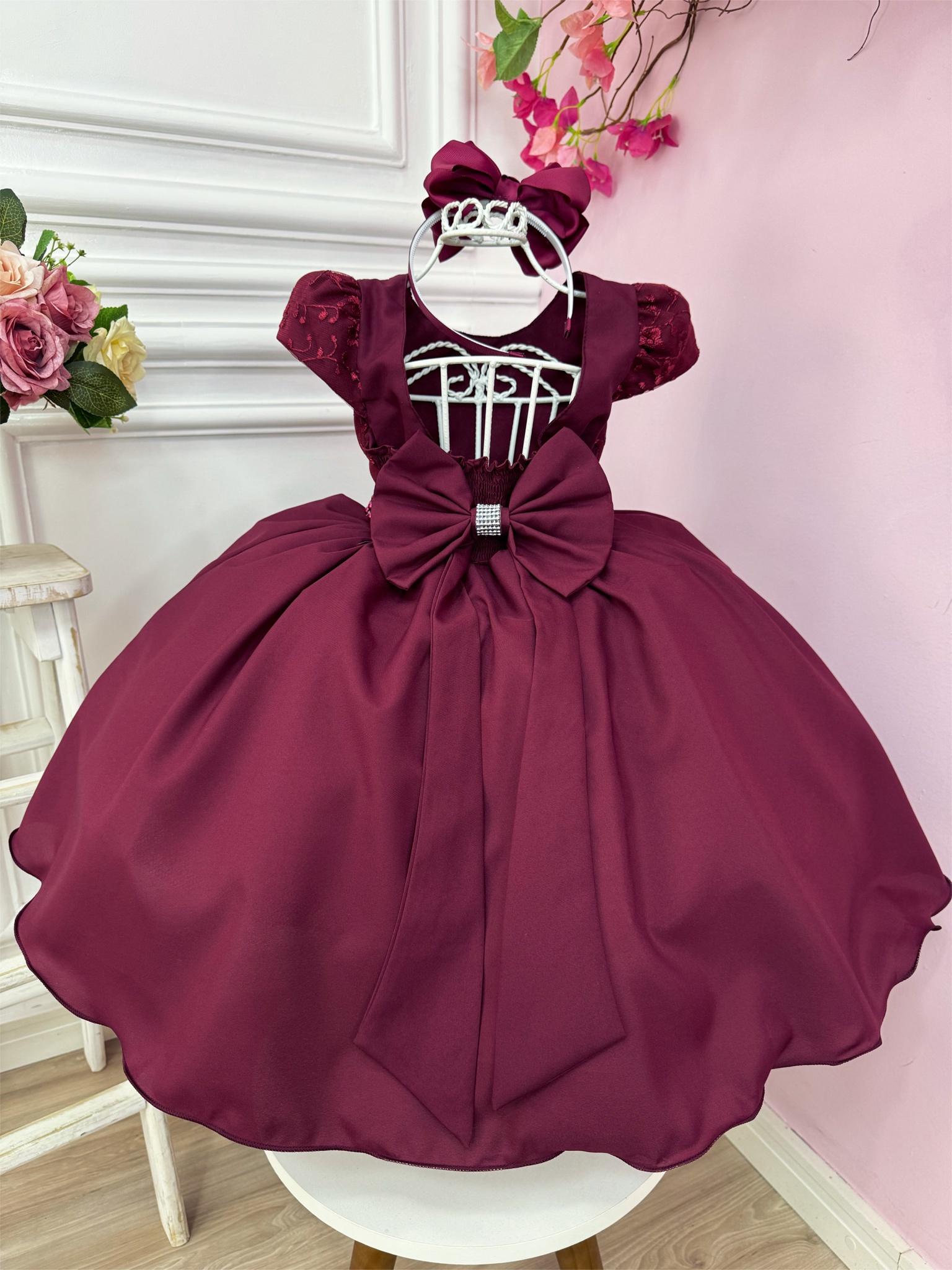 Vestido Infantil Marsala Busto C/ Renda e Cinto de Pérolas