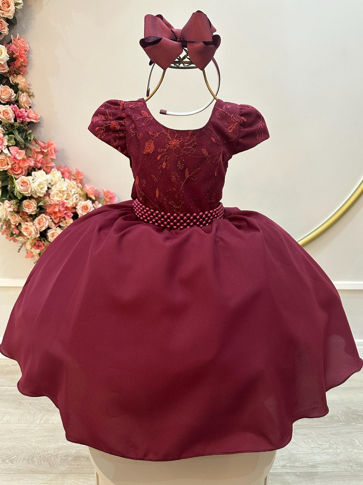 Vestido Infantil Marsala Busto Com Renda Daminha Festas