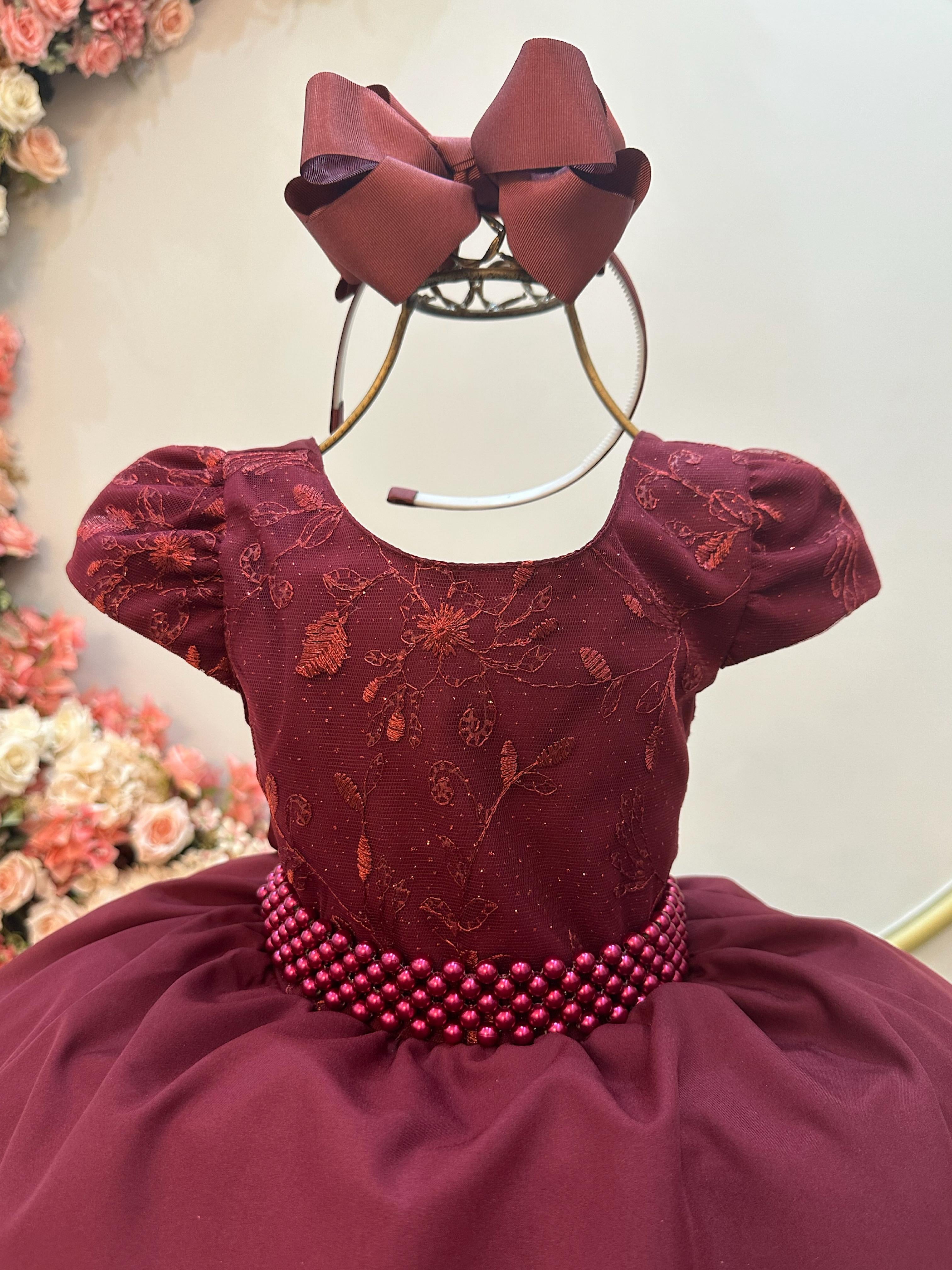 Vestido Infantil Marsala Busto Com Renda Daminha Festas
