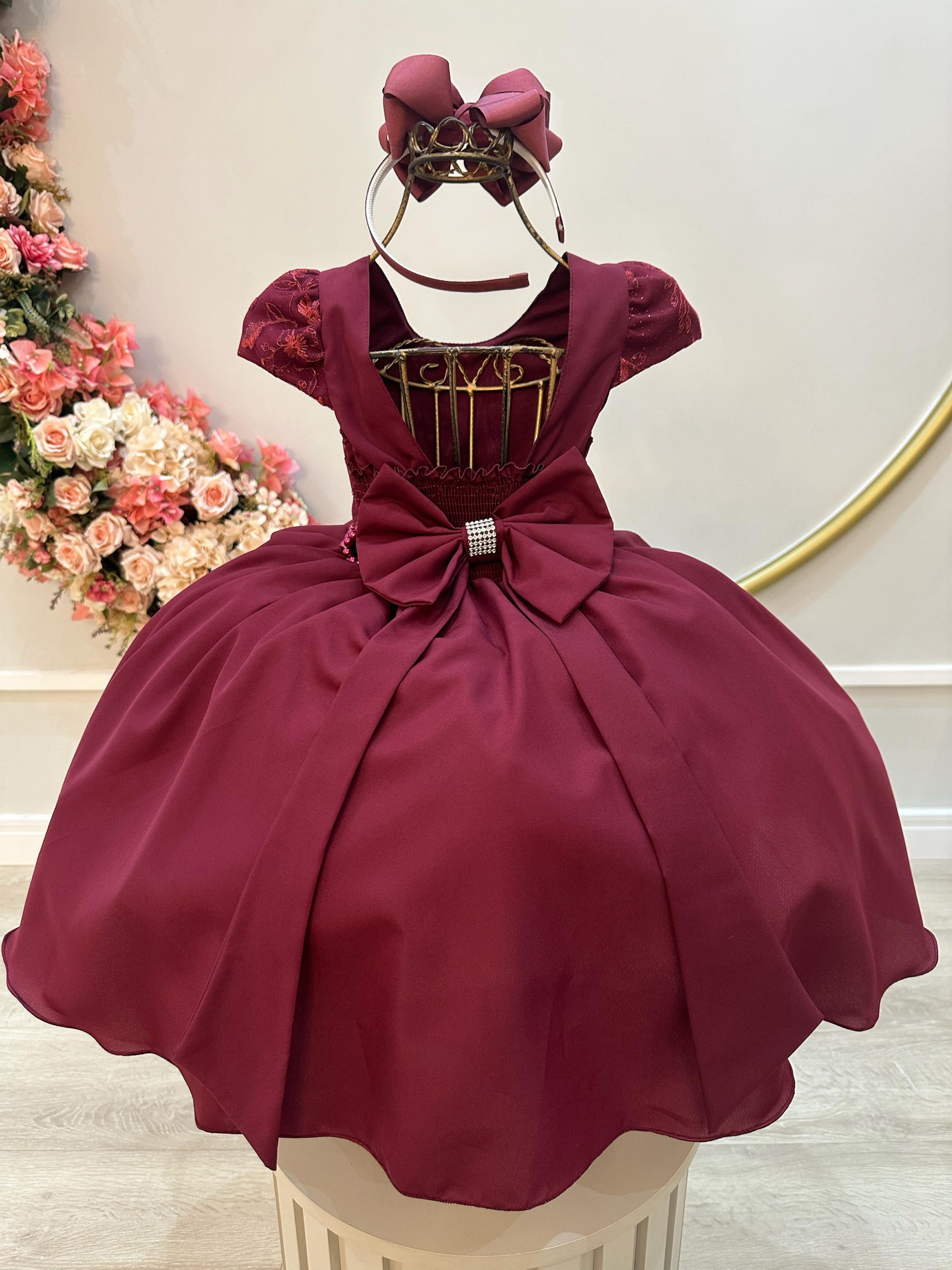 Vestido Infantil Marsala Busto Com Renda Daminha Festas