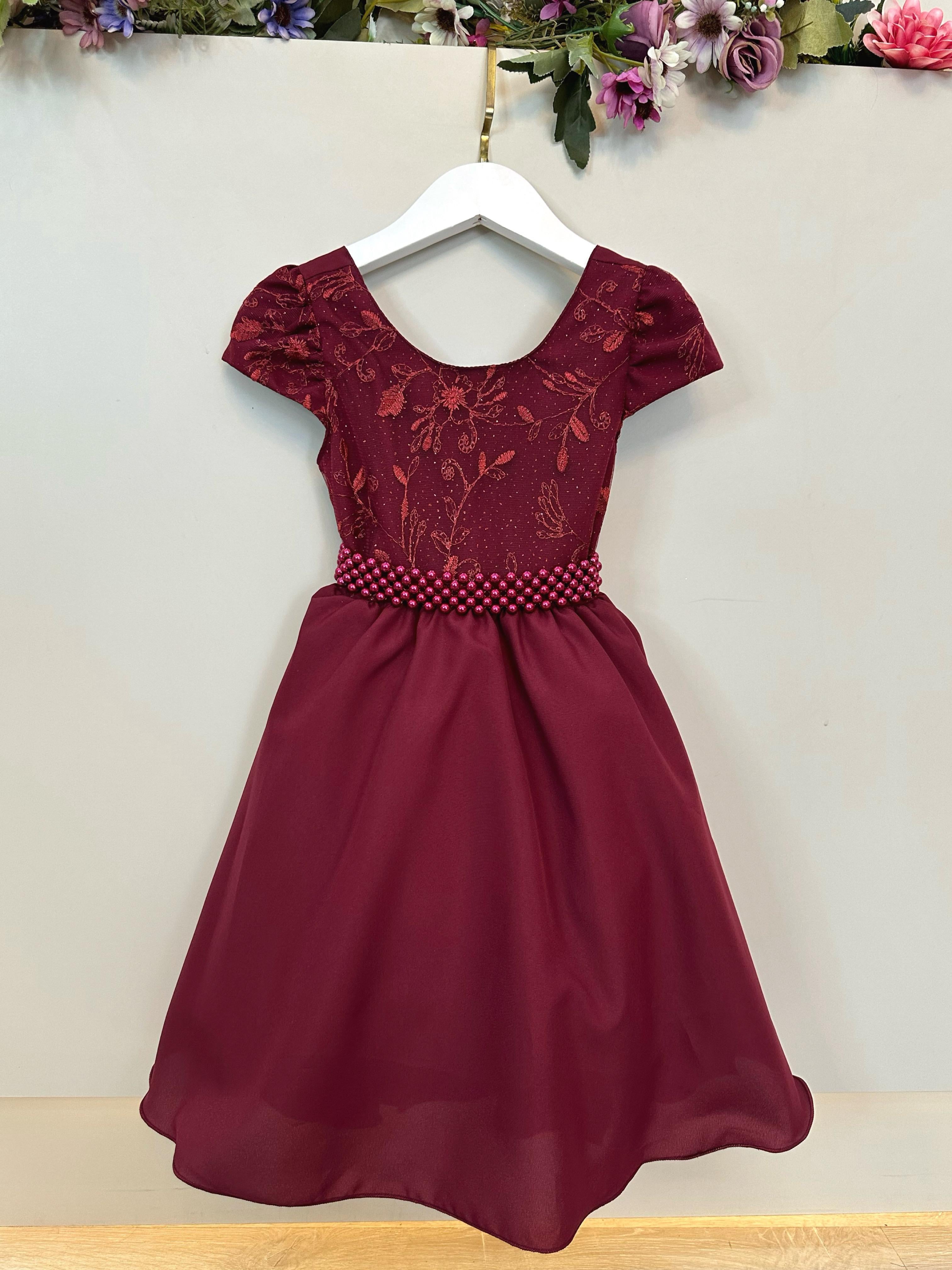 Vestido Infantil Marsala Busto Com Renda Daminha Festas