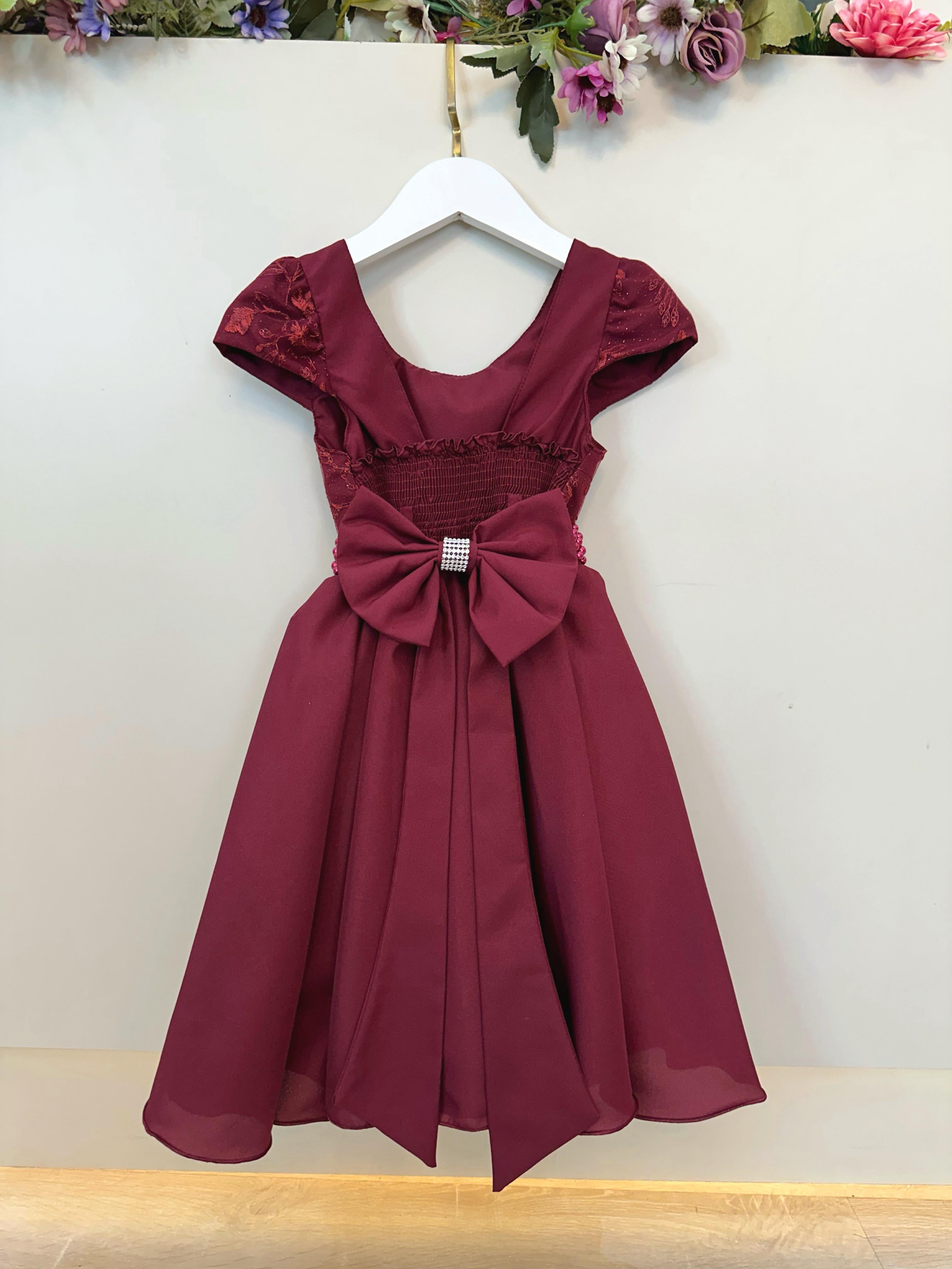 Vestido Infantil Marsala Busto Com Renda Daminha Festas