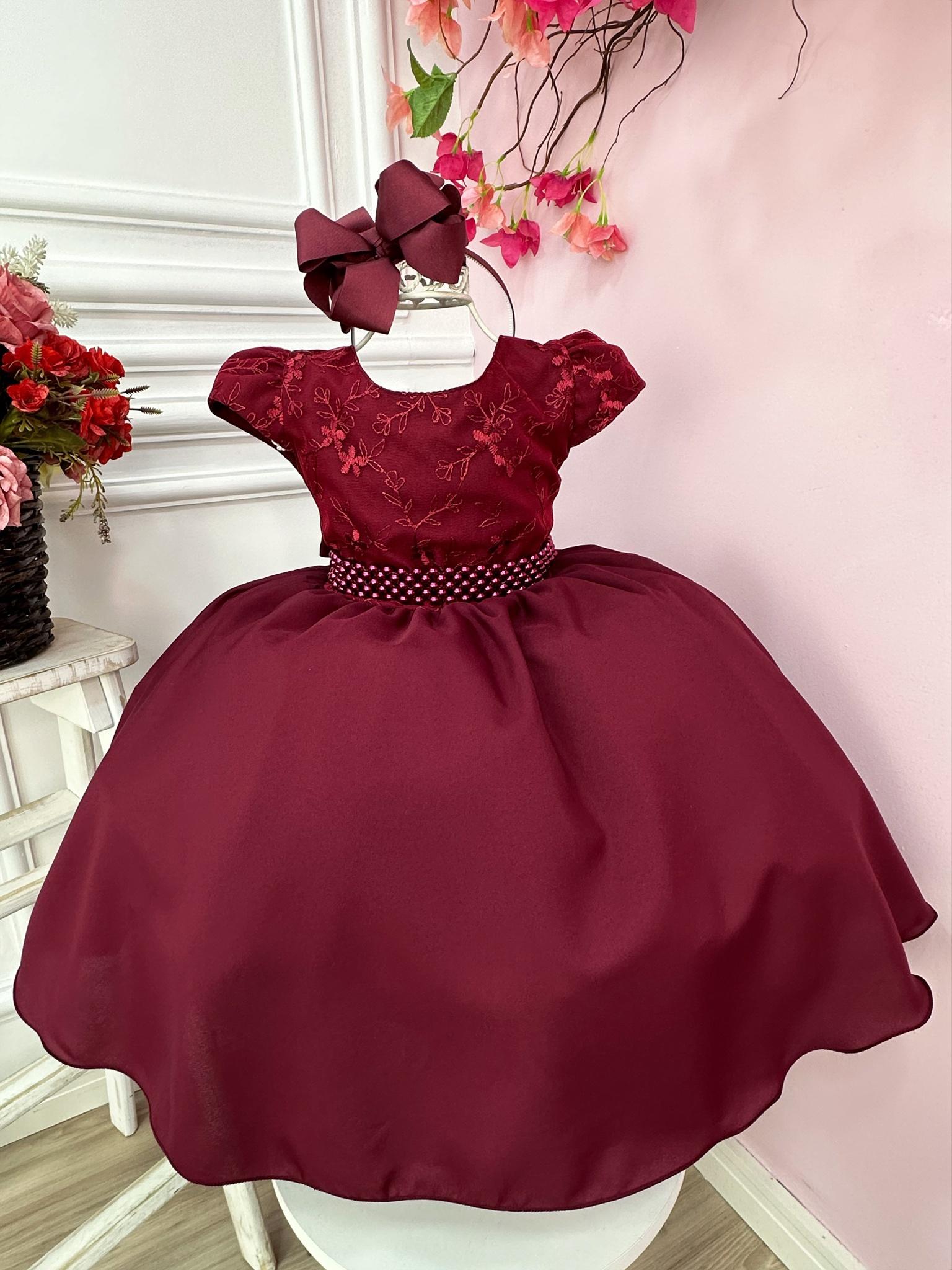 Vestido Infantil Marsala Busto Com Renda e Cinto de Pérolas