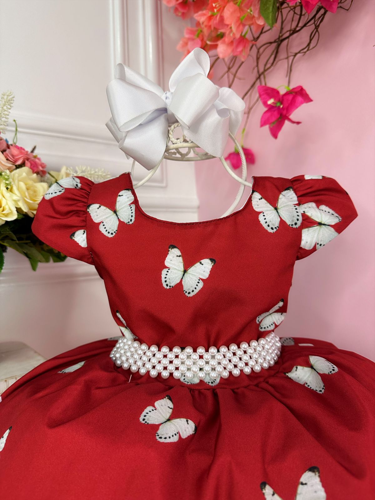 Vestido Infantil Marsala Jardim das Borboletas C/ Pérolas