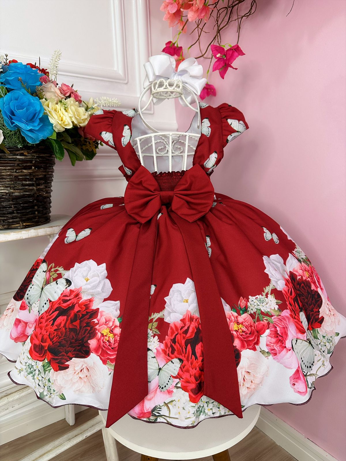 Vestido Infantil Marsala Jardim das Borboletas C/ Pérolas