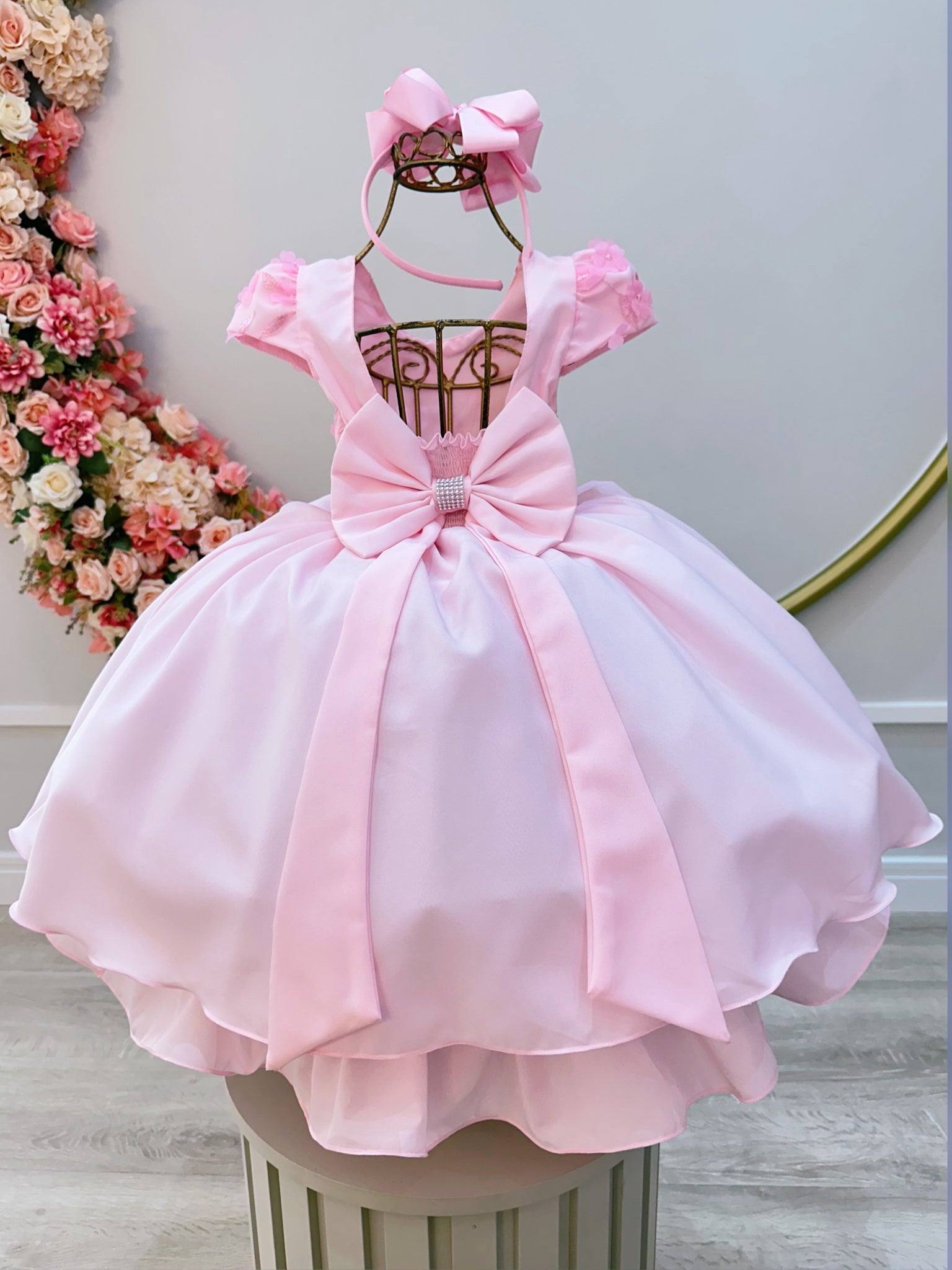 Vestido Infantil Rosa Bebê Busto C/ Apliques de Flores Renda