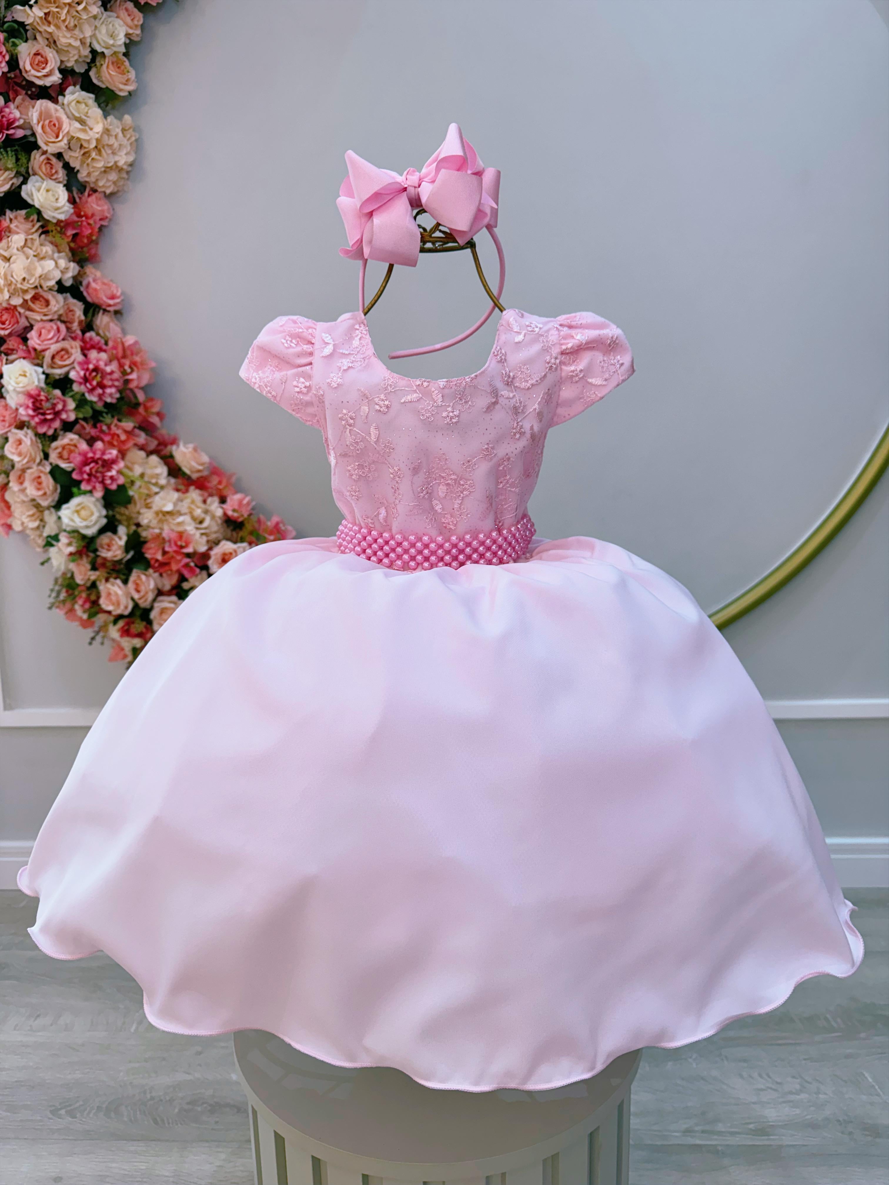 Vestido Infantil Rosa Bebê Busto C/ Renda e Cinto de Pérolas