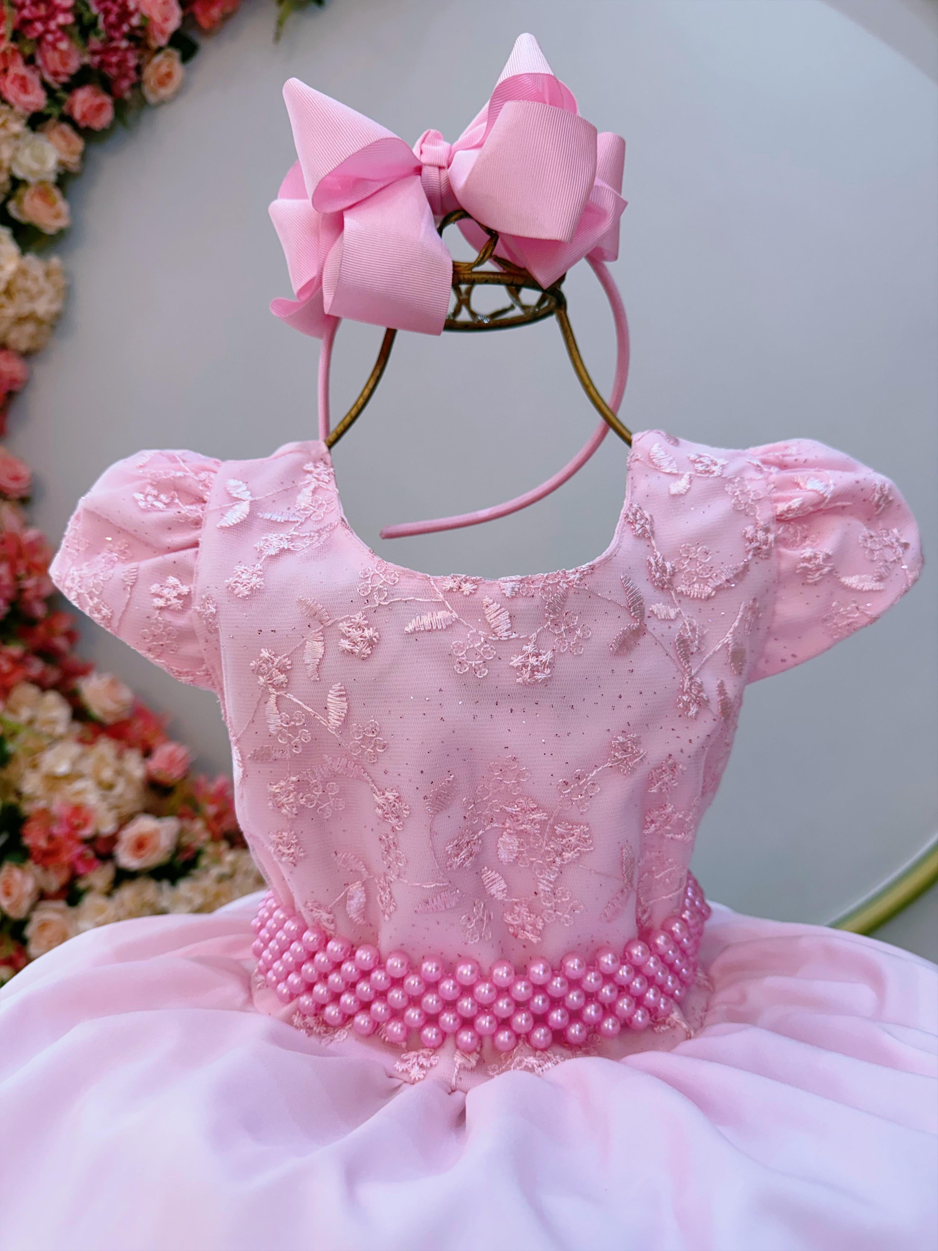 Vestido Infantil Rosa Bebê Busto C/ Renda e Cinto de Pérolas