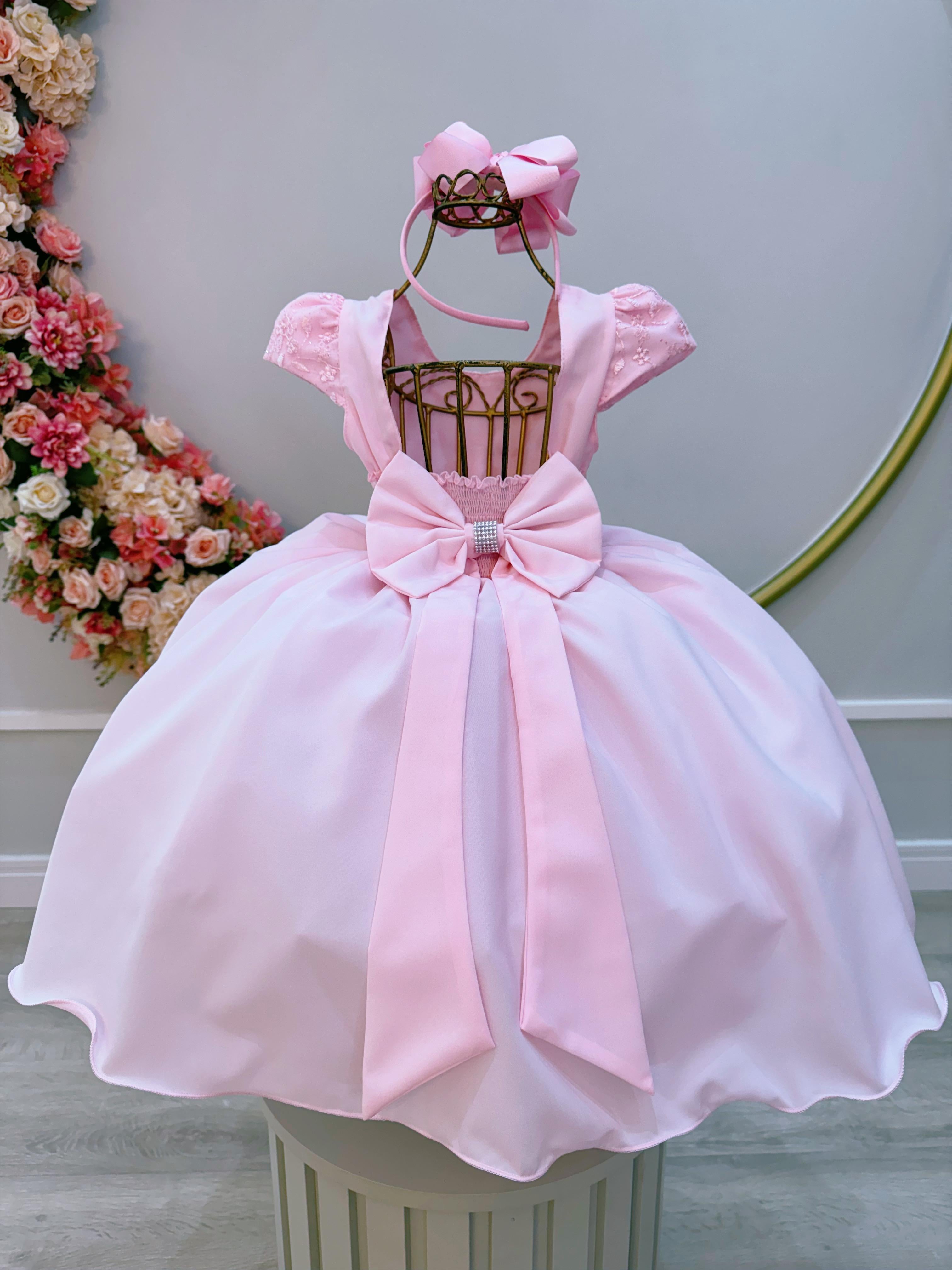 Vestido Infantil Rosa Bebê Busto C/ Renda e Cinto de Pérolas