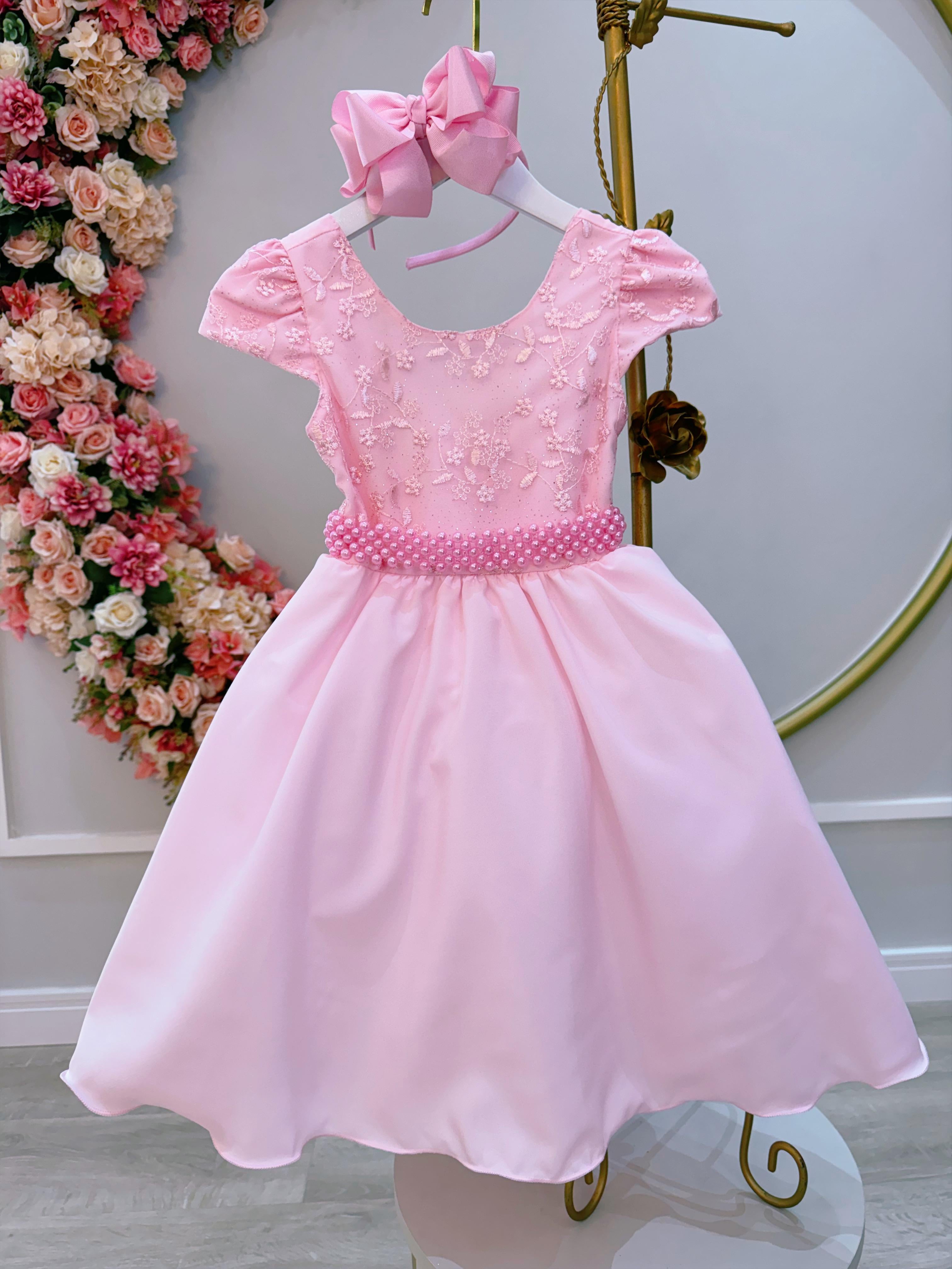 Vestido Infantil Rosa Bebê Busto C/ Renda e Cinto de Pérolas