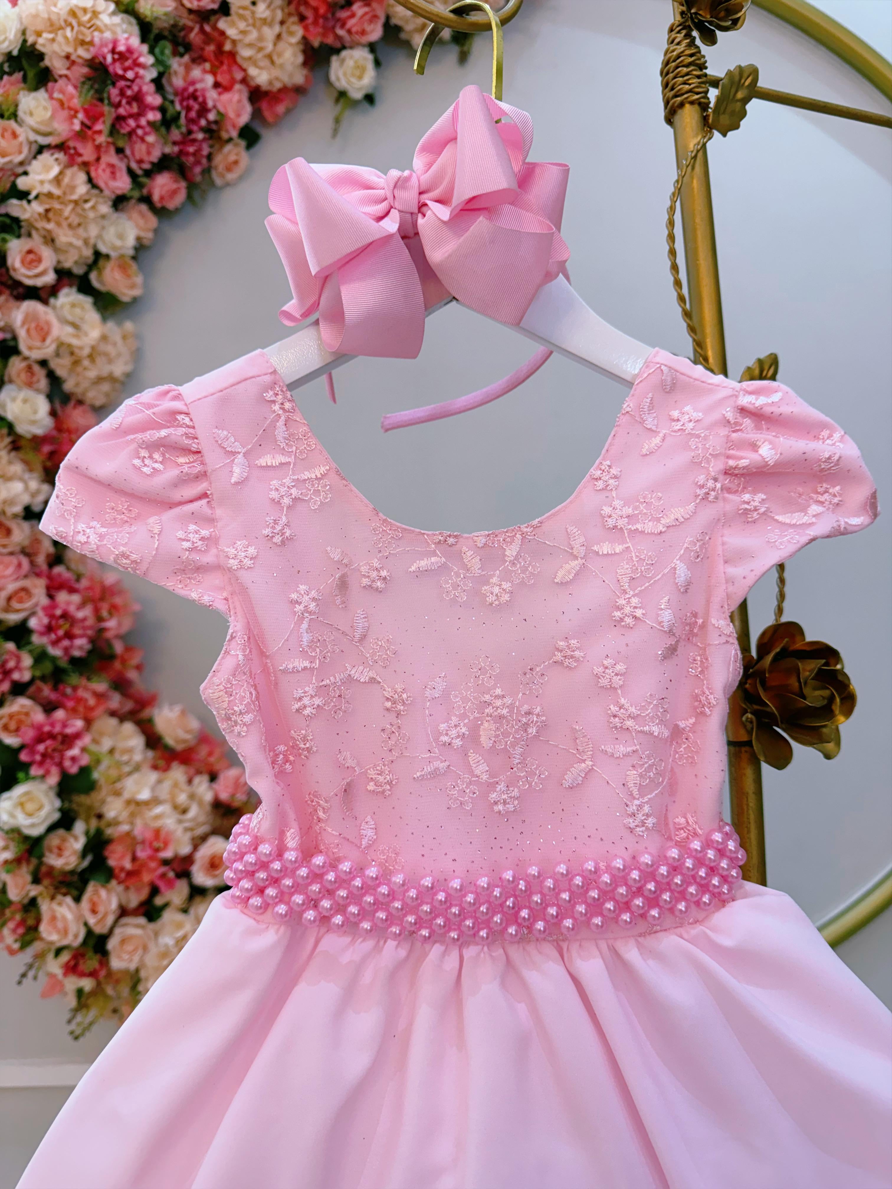 Vestido Infantil Rosa Bebê Busto C/ Renda e Cinto de Pérolas