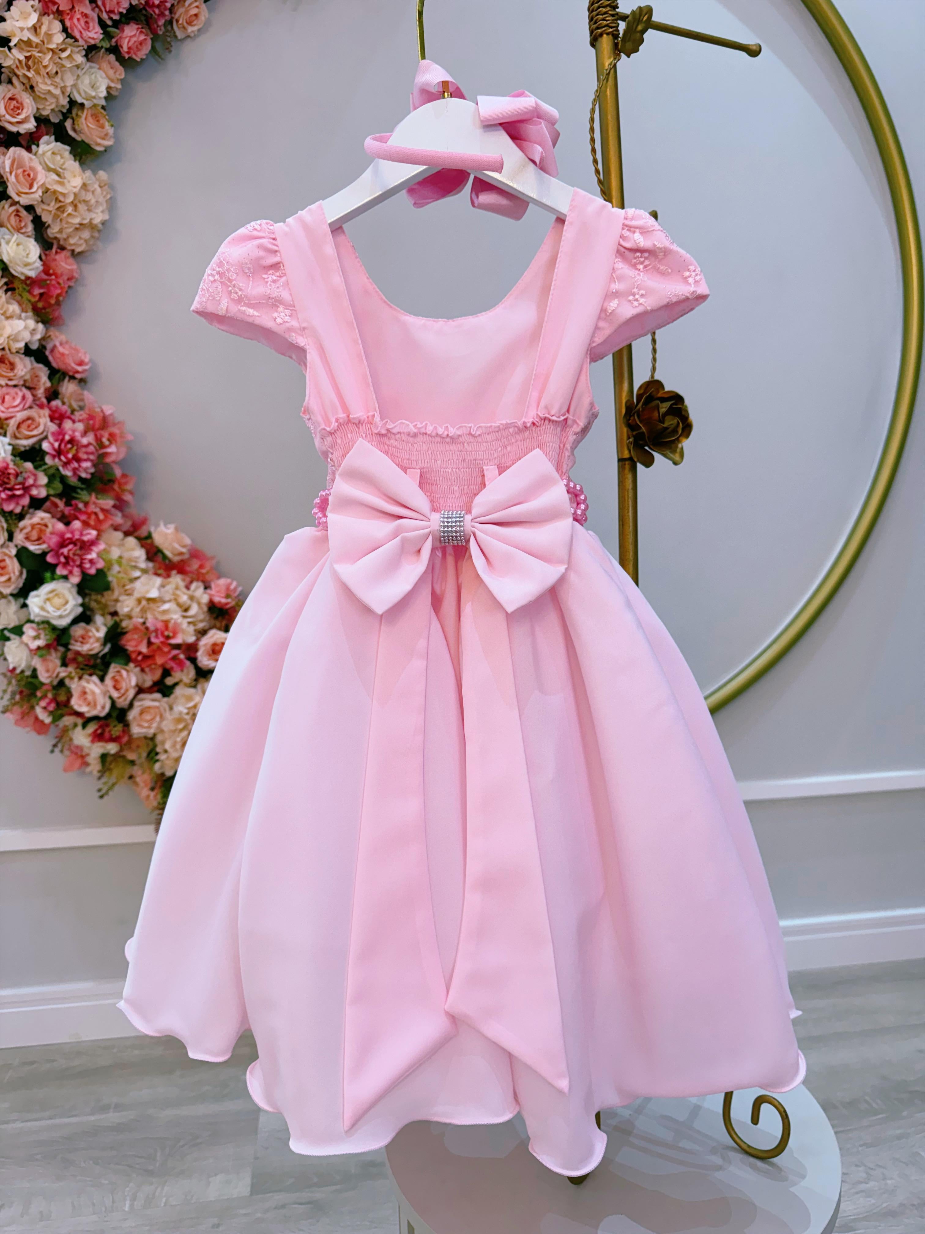 Vestido Infantil Rosa Bebê Busto C/ Renda e Cinto de Pérolas