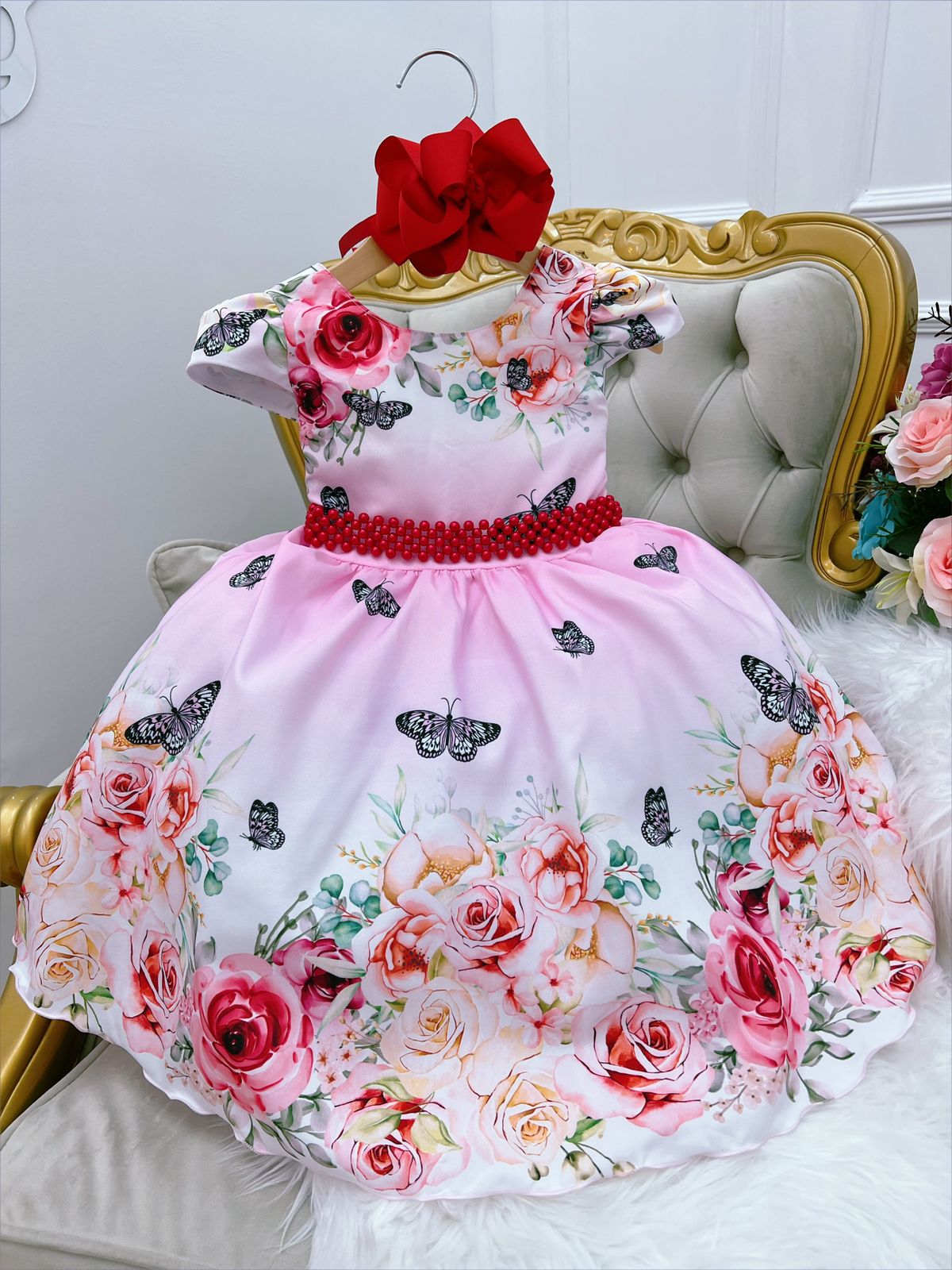 Vestido Infantil Rosa e Branco Borboletas Cinto de Pérolas