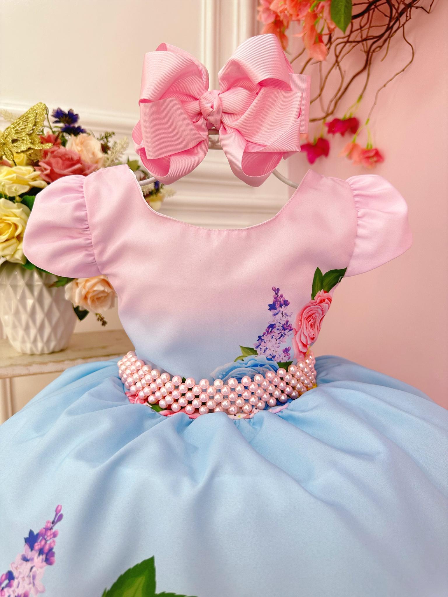 Vestido Infantil Rosa Flores Primavera e Cinto Pérolas Festas
