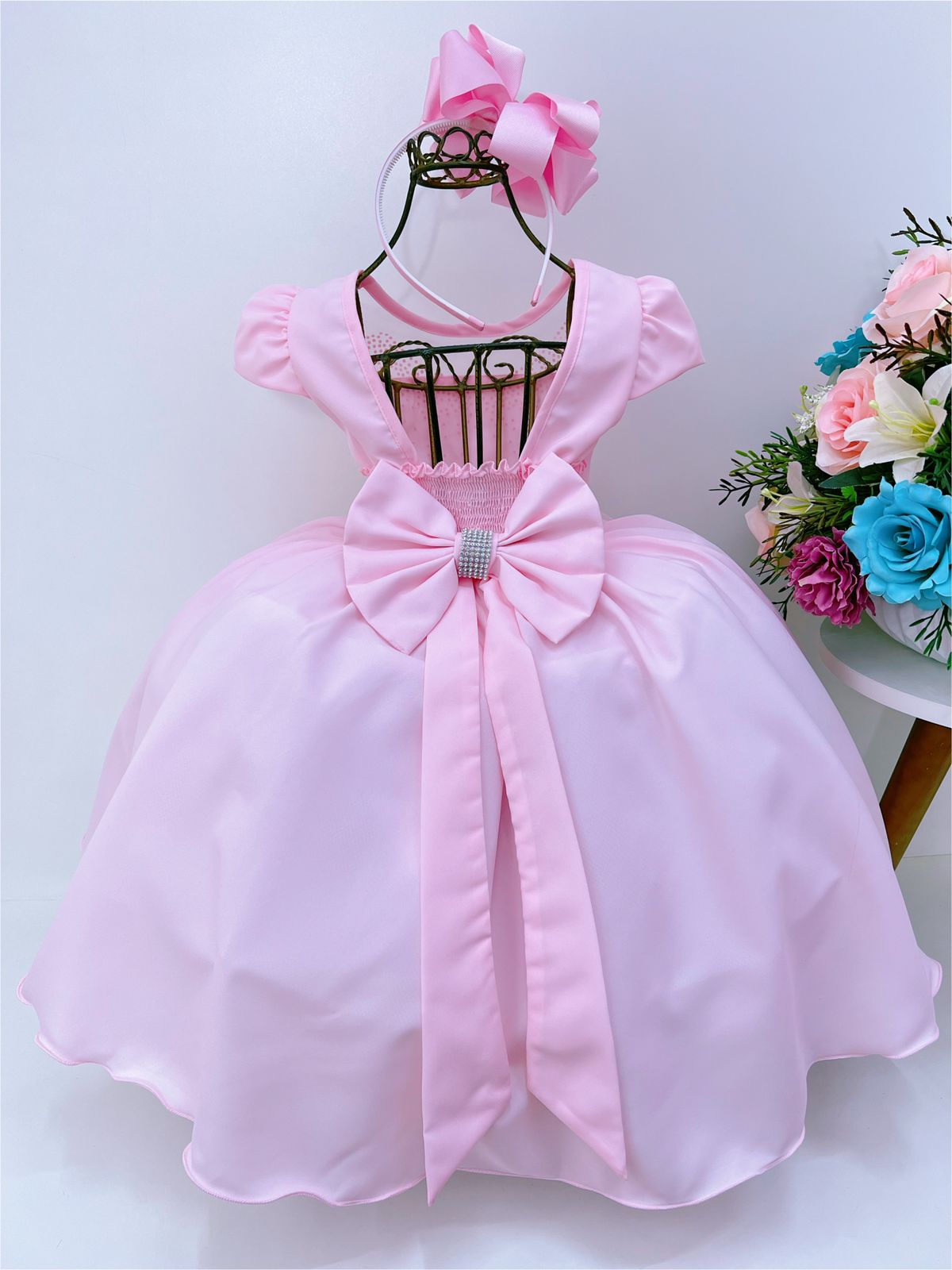 Vestido Infantil Rosa Busto C/ Strass Casamento Pérolas Luxo