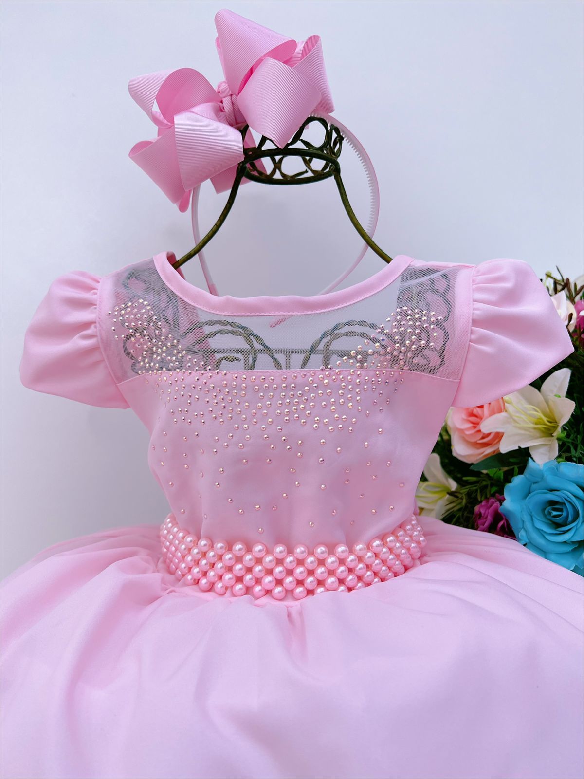 Vestido Infantil Rosa Busto C/ Strass Casamento Pérolas Luxo