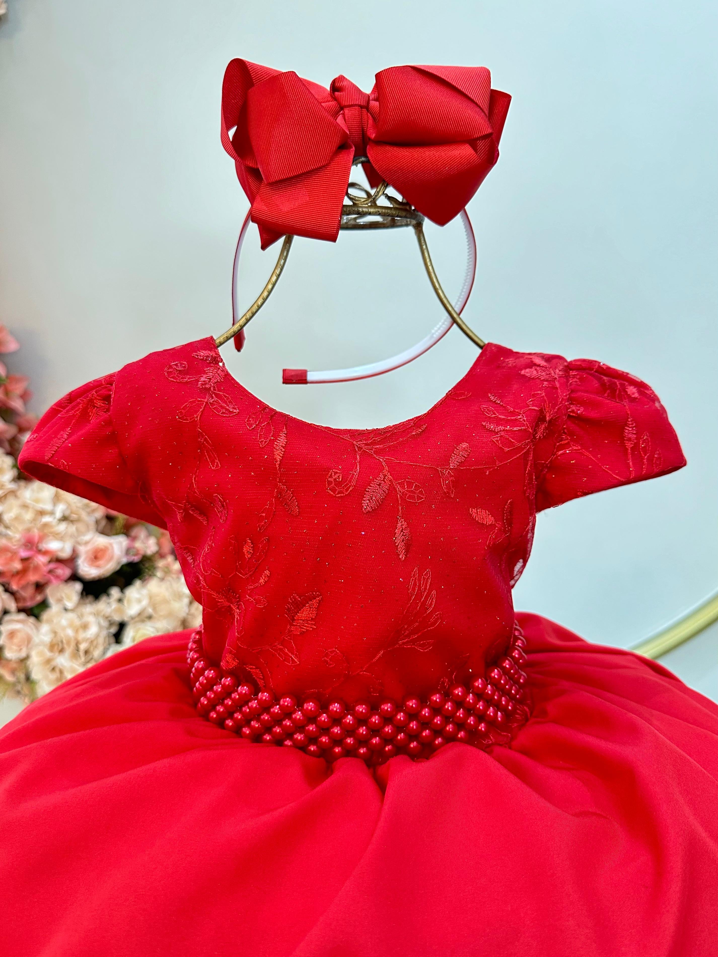 Vestido Infantil Vermelho Busto Com Renda Daminhas Festas