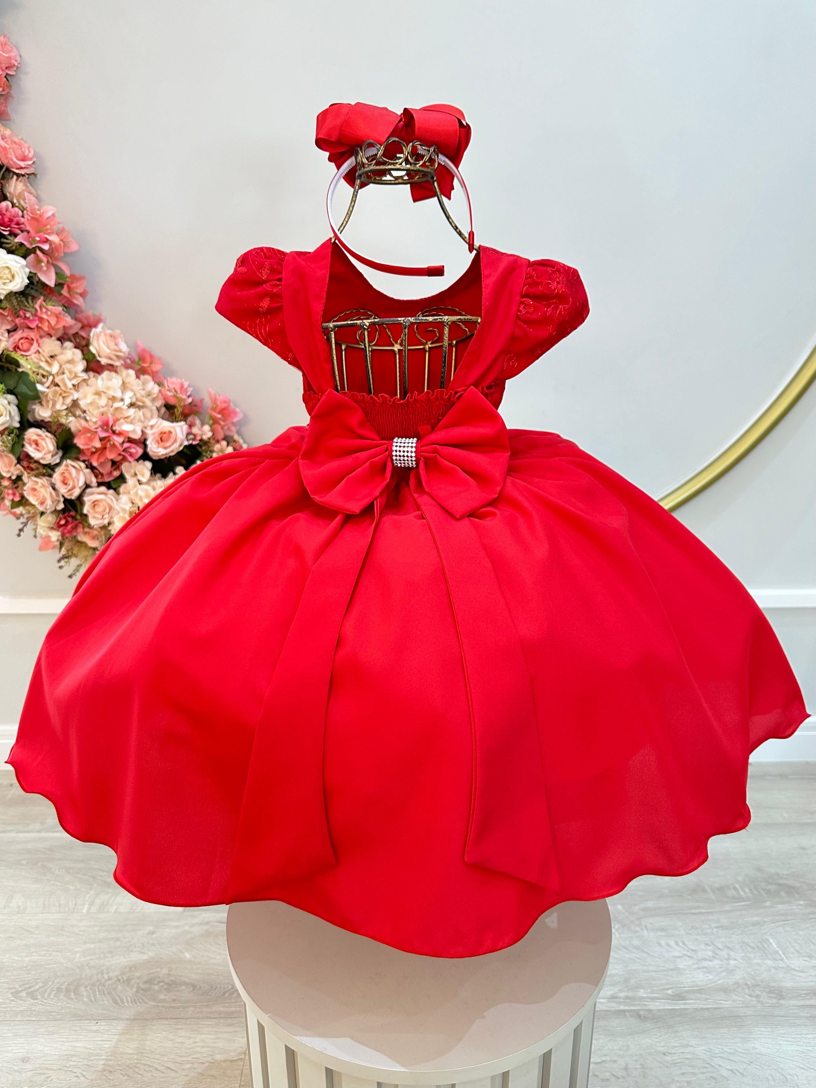 Vestido Infantil Vermelho Busto Com Renda Daminhas Festas