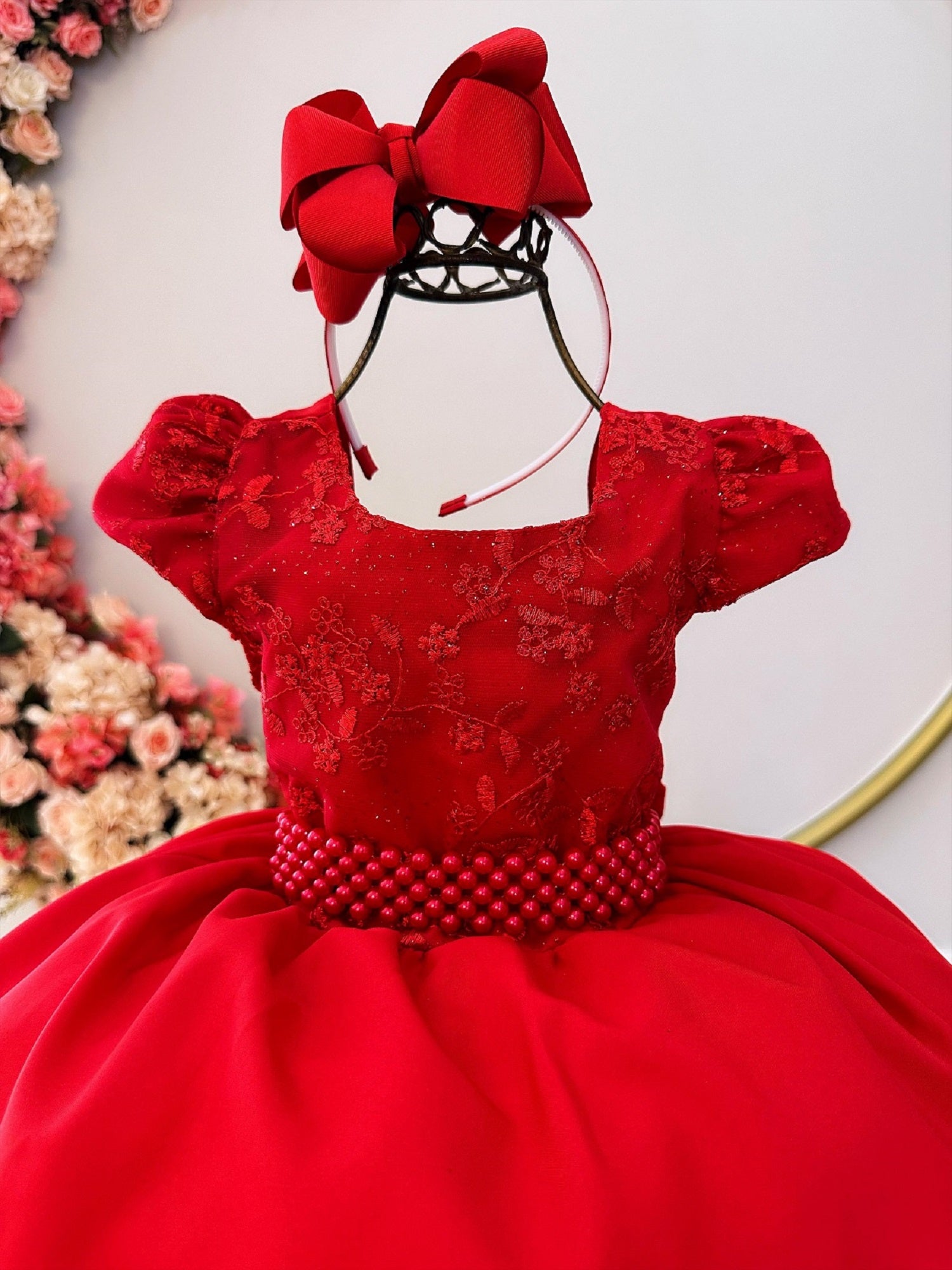 Vestido Infantil Vermelho Busto Com Renda e Cinto de Pérolas