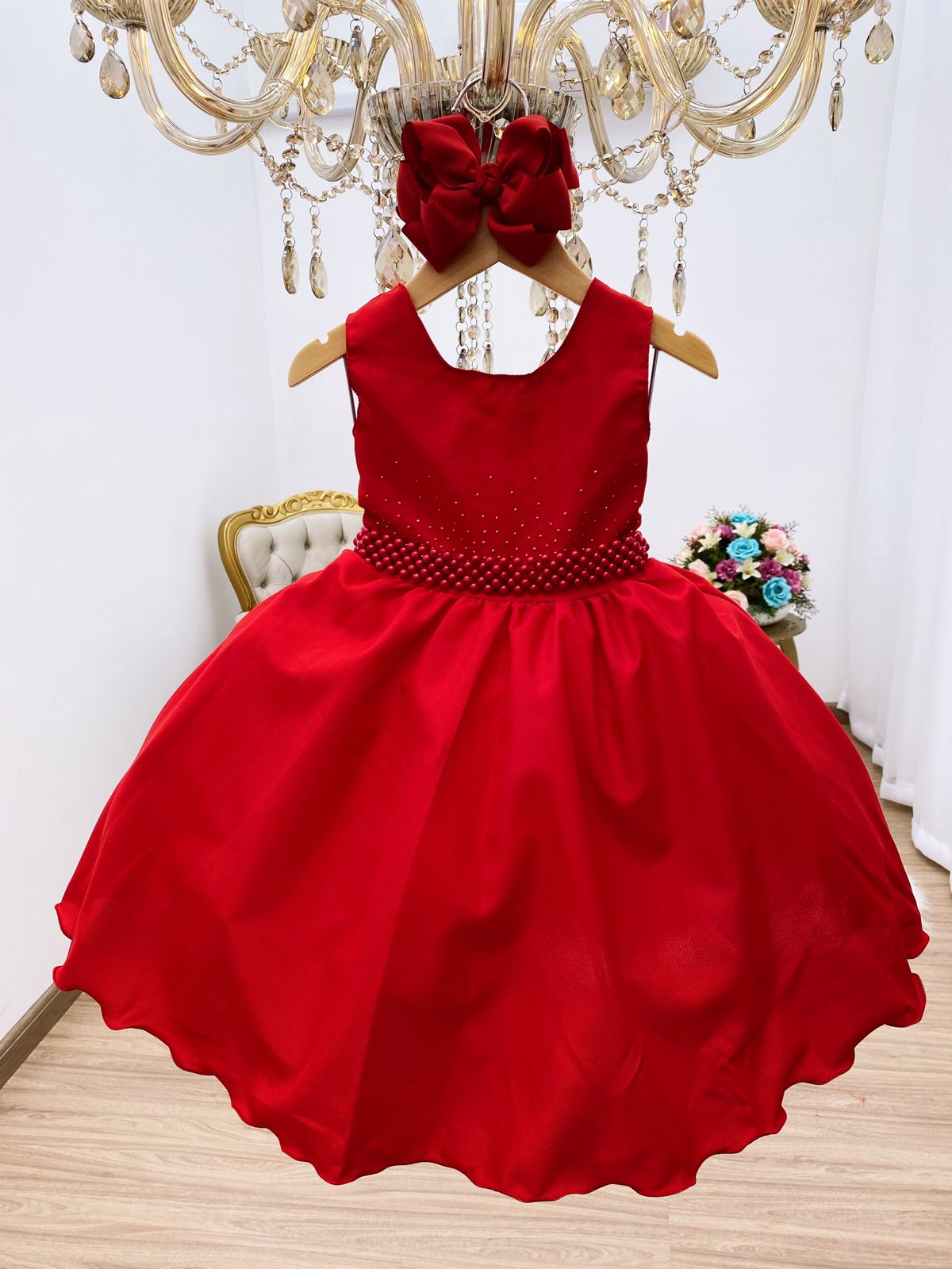 Vestido Infantil Vermelho Strass Luxo Festa Damas