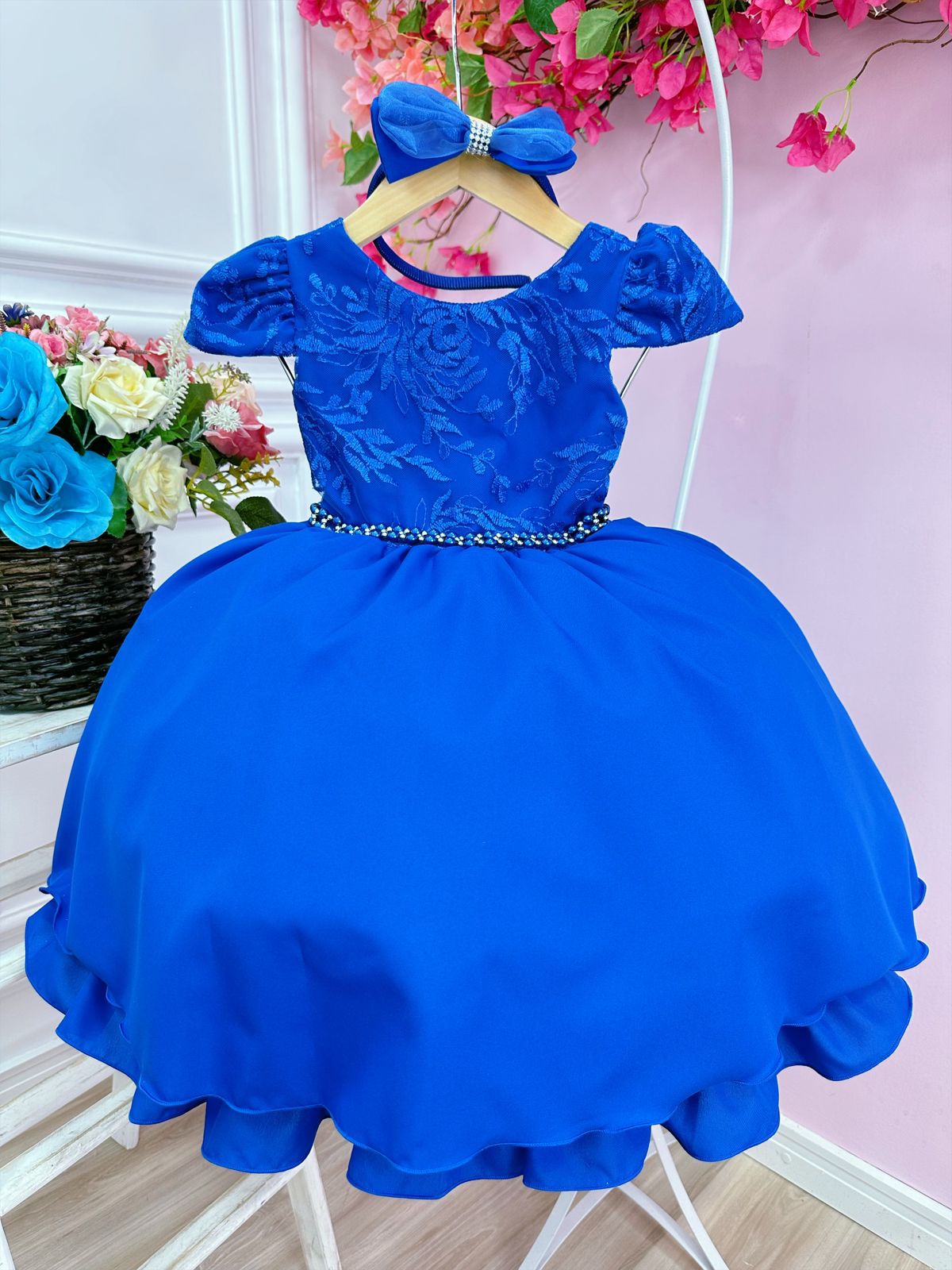 Vestido Infantil Azul Royal C/ Tiara Renda Cinto de Pérolas